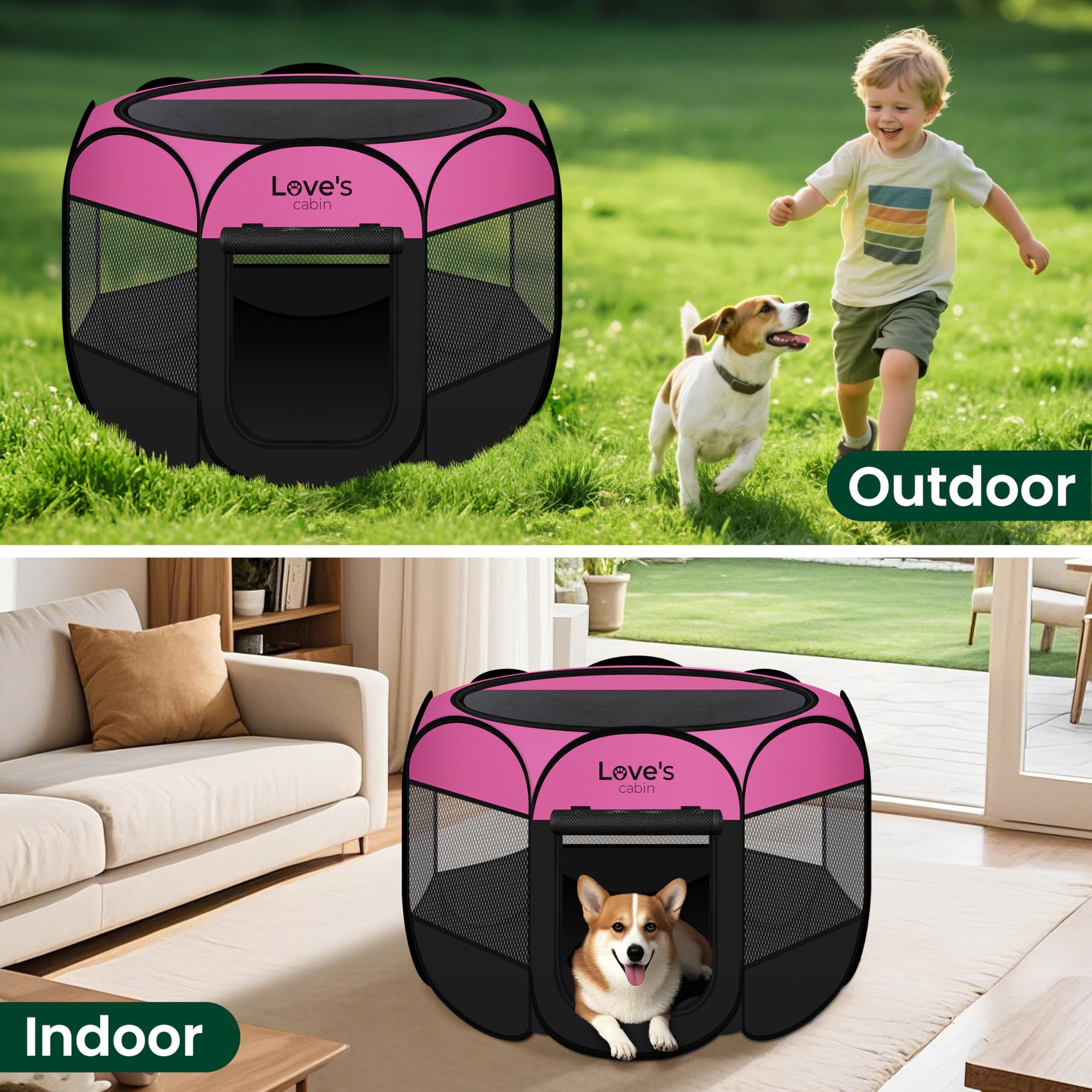 Love's cabin medidas del corral rosa, tamaño adecuado para tu mascota.