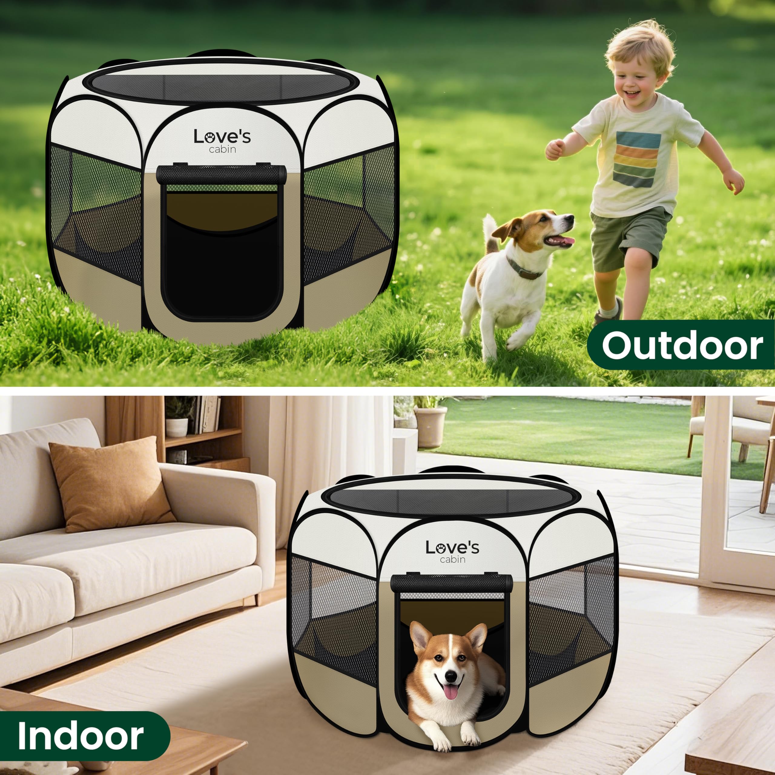 Love's cabin playpen dimensiones medias 30x30 para mascotas pequeñas y medianas.