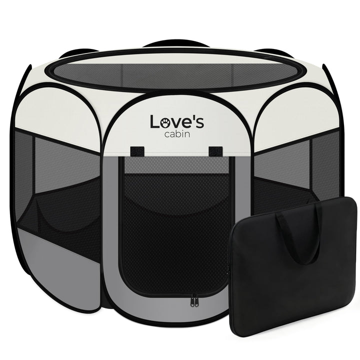 Love's cabin playpen para perro gris, ideal para uso interior y exterior.