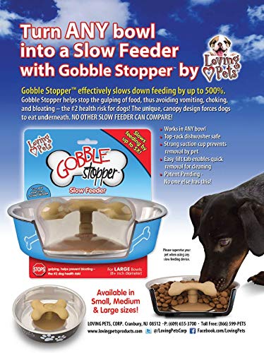 Gobble Stopper de Loving Pets facilita limpieza con pestaña de levantamiento.