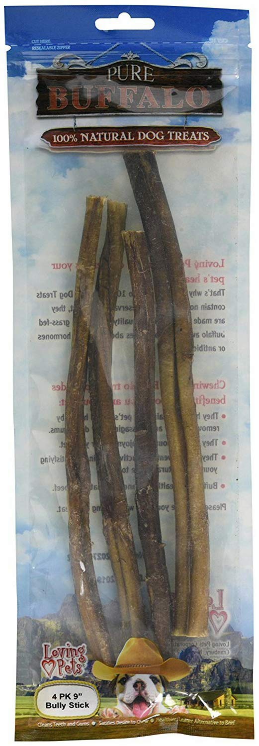 Loving Pets palito mordedor de búfalo puro, nueve pulgadas, pack de 4 para masticar de forma natural.