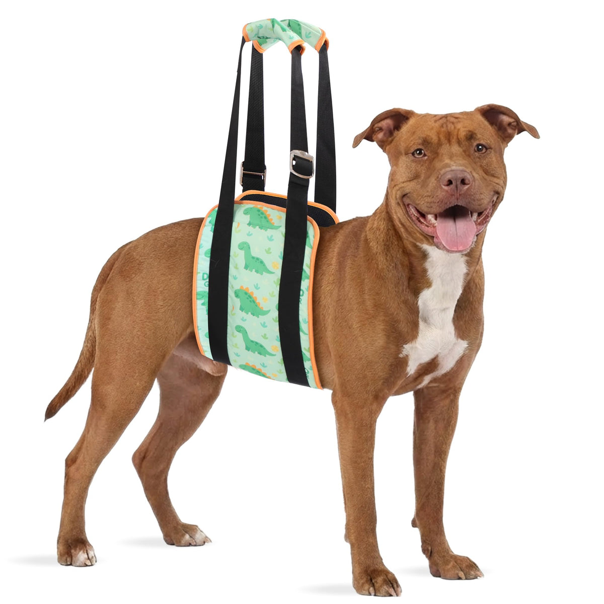 Arnés LovinPet para elevación de perros, diseño de dinosaurio verde.
