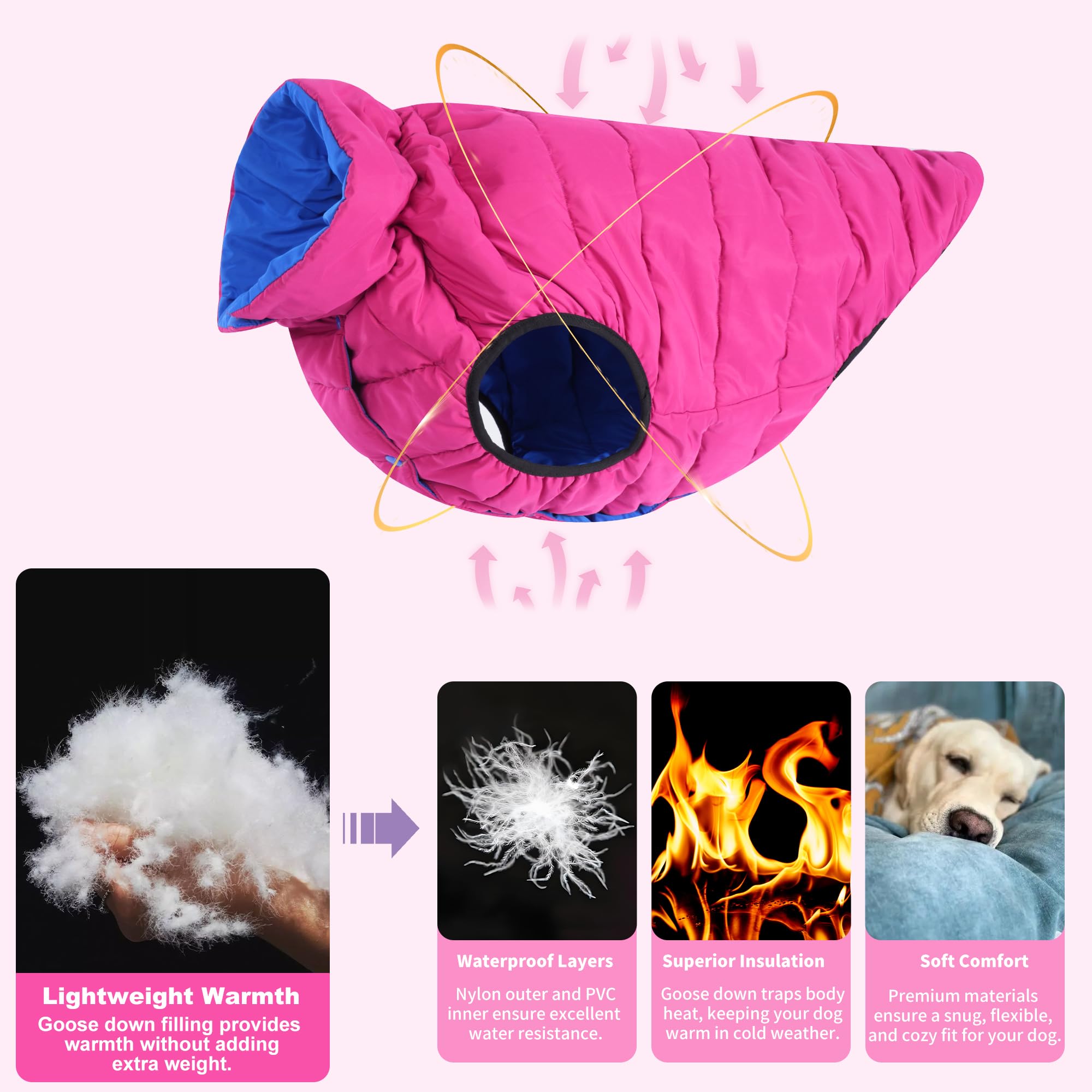 LovinPet chaqueta puffer reversible, exterior resistente al agua y al viento.