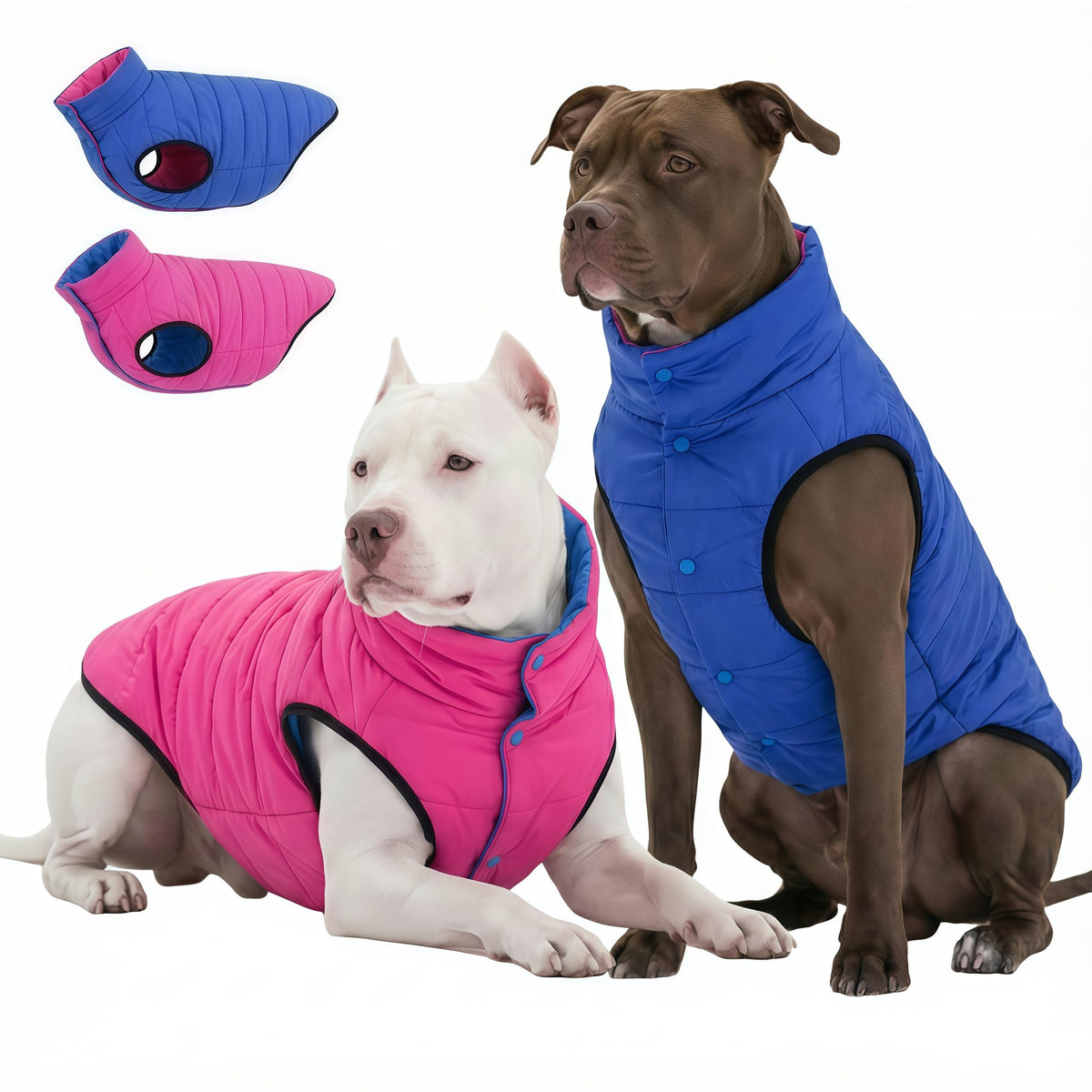 LovinPet chaqueta puffer reversible para perro, vista frontal, ideal para paseos en frío.