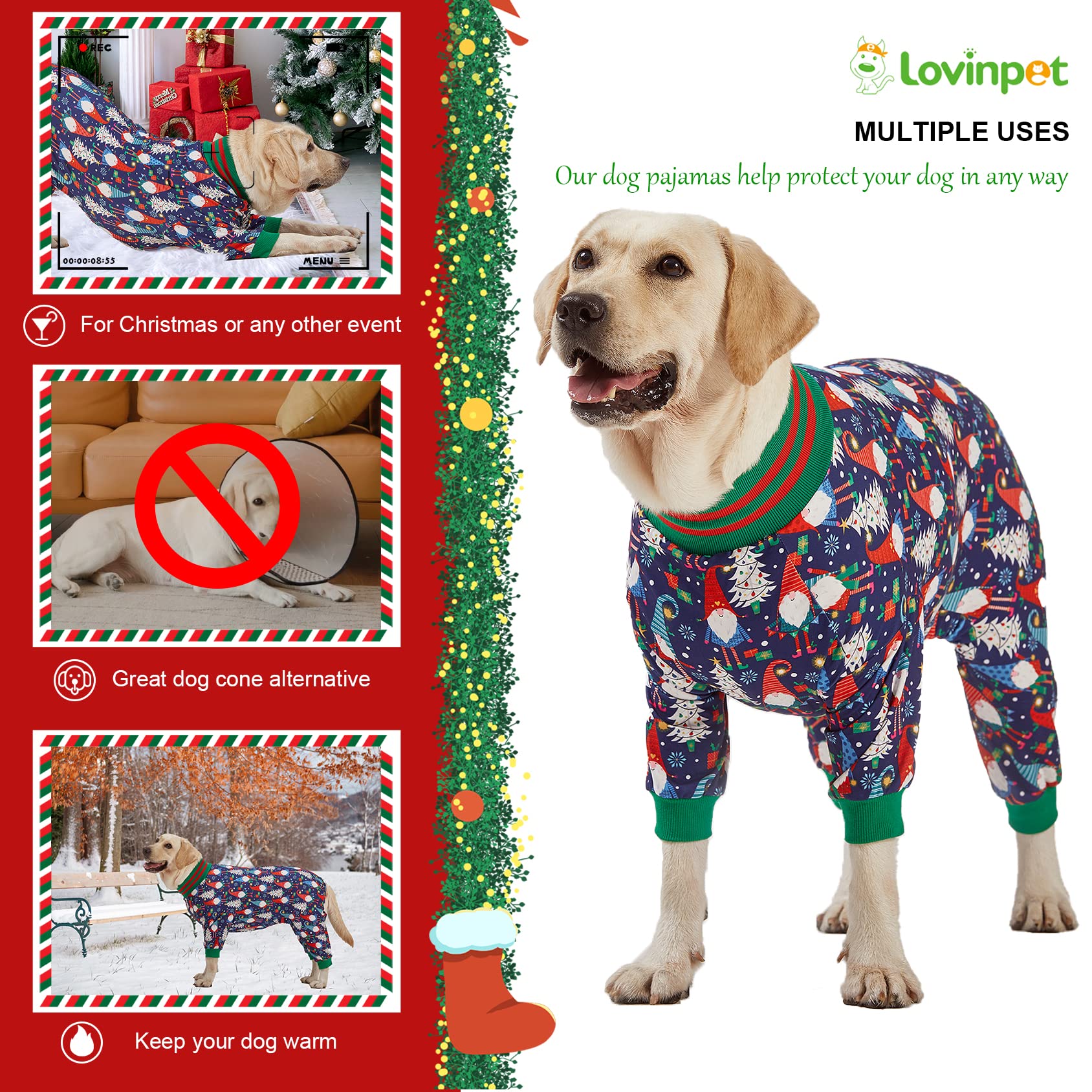 LovinPet pijama navidad para perro grande, uso como pijama cómodo en casa.