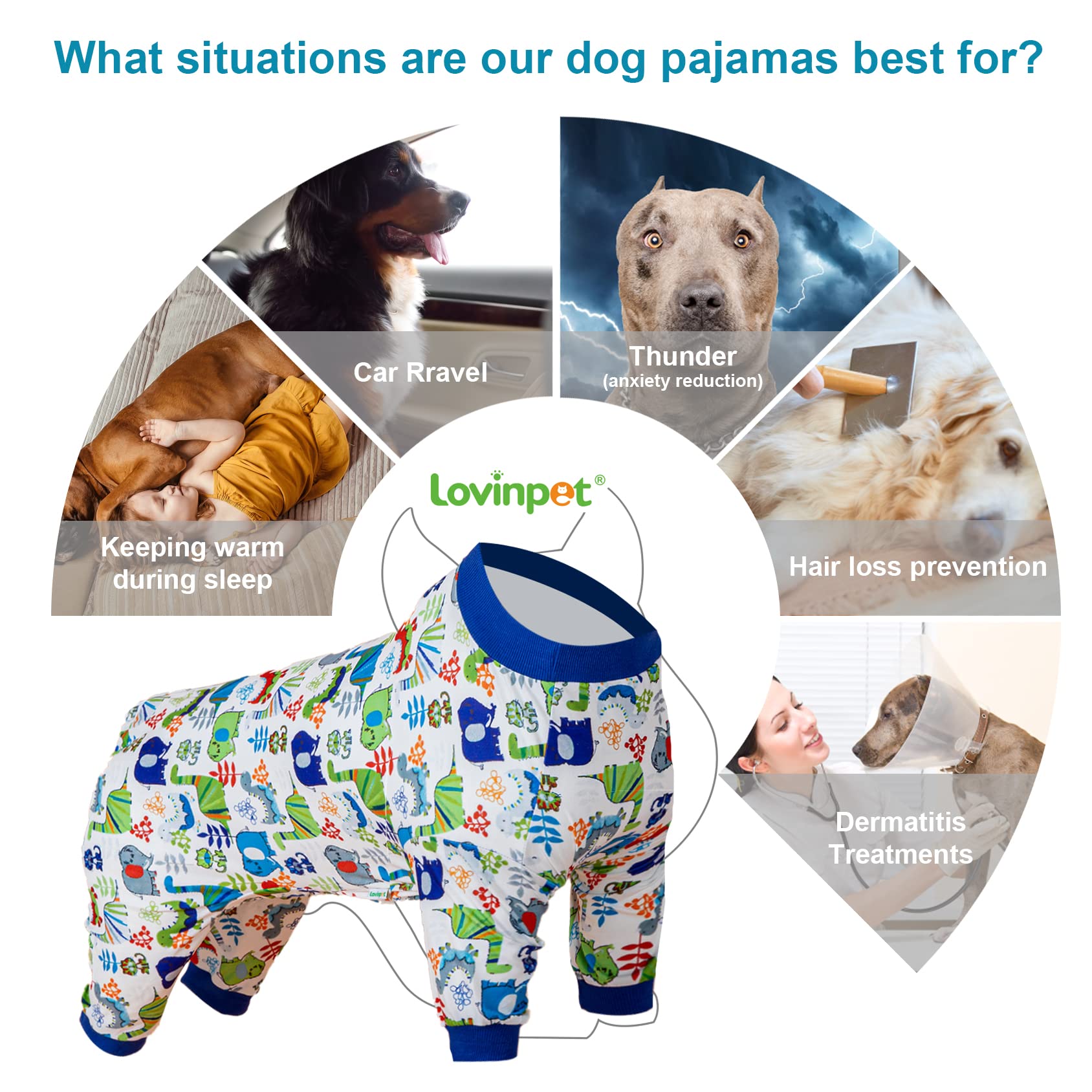 LovinPet Pijama cubre torso y abdomen, protege áreas sensibles durante el día.