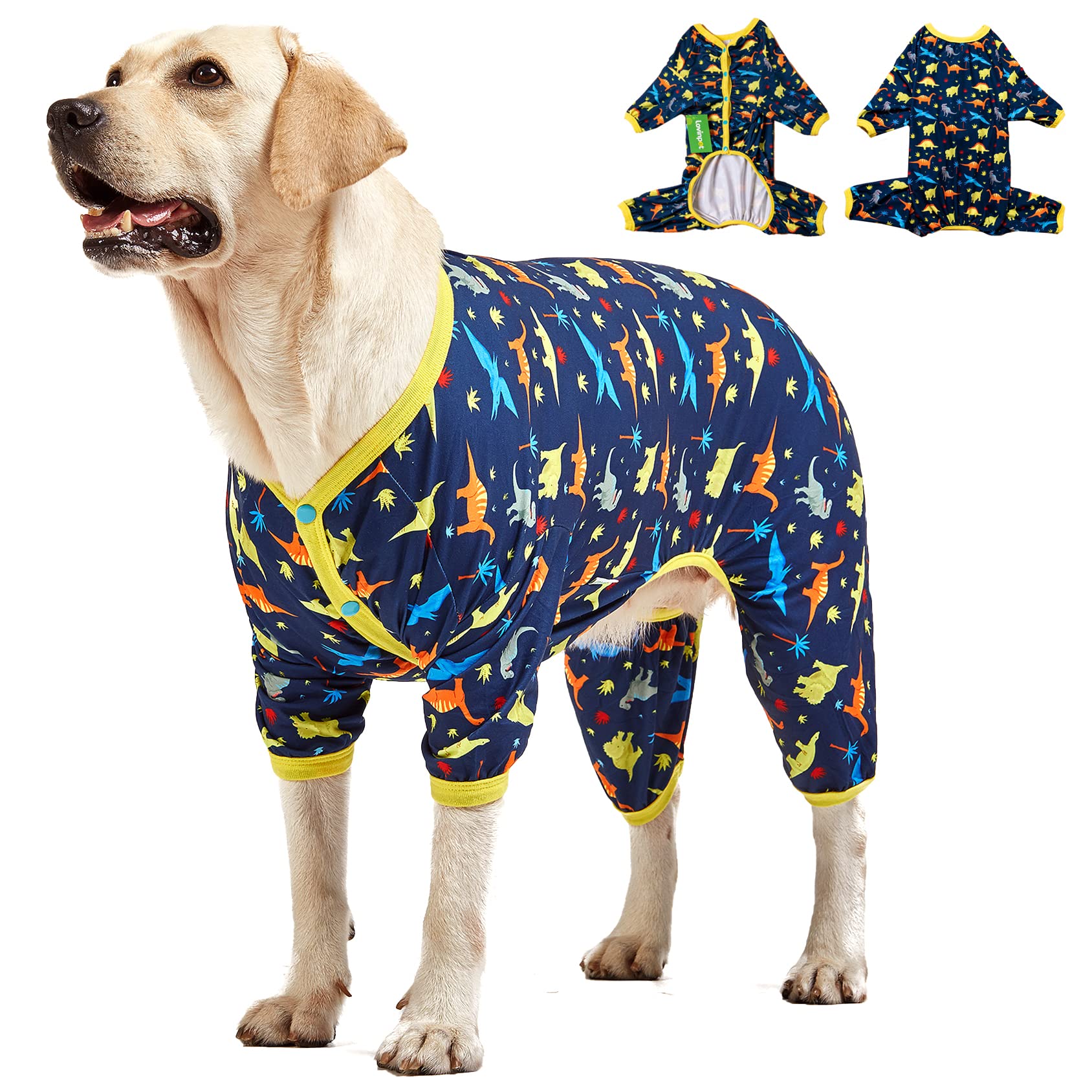 LovinPet pijama para perro grande con dinosaurio navy, cómodo en casa.