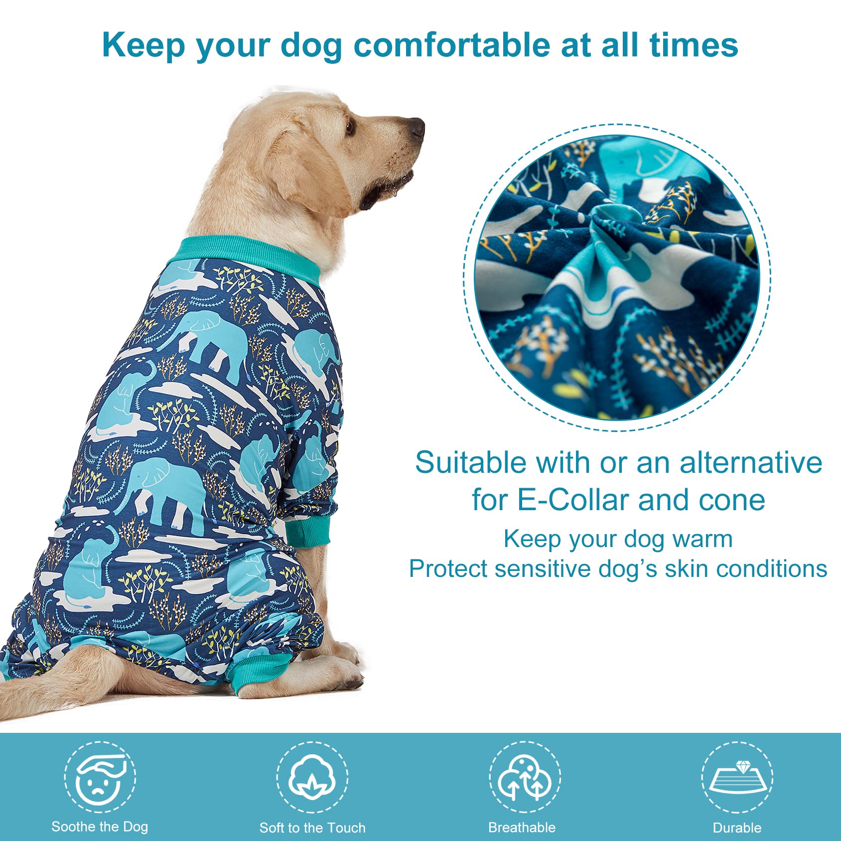 Pijama LovinPet con diseño fácil de colocar y quitar para perro grande.