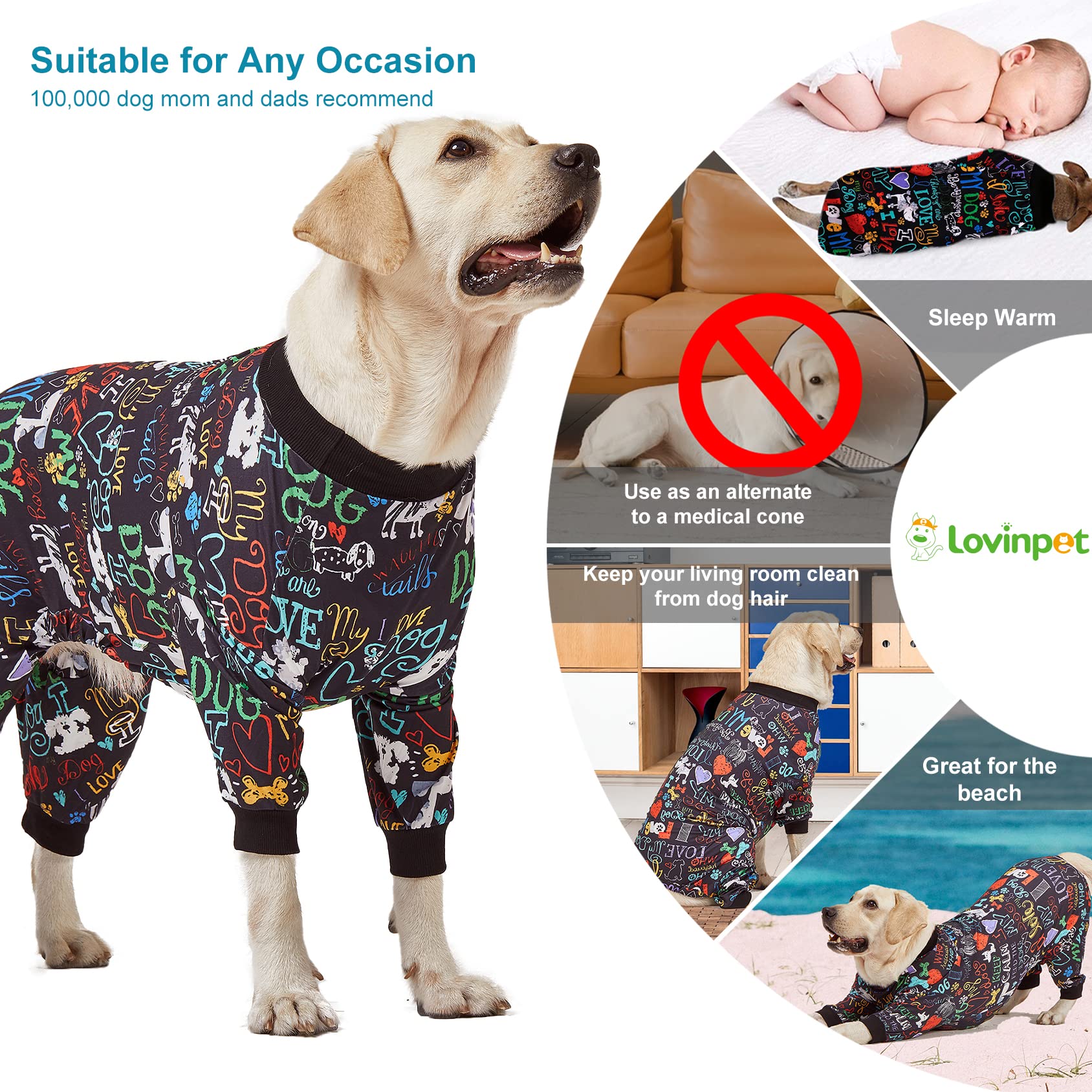 LovinPet pijama grande negro, elástico y ajuste seguro para perros grandes.