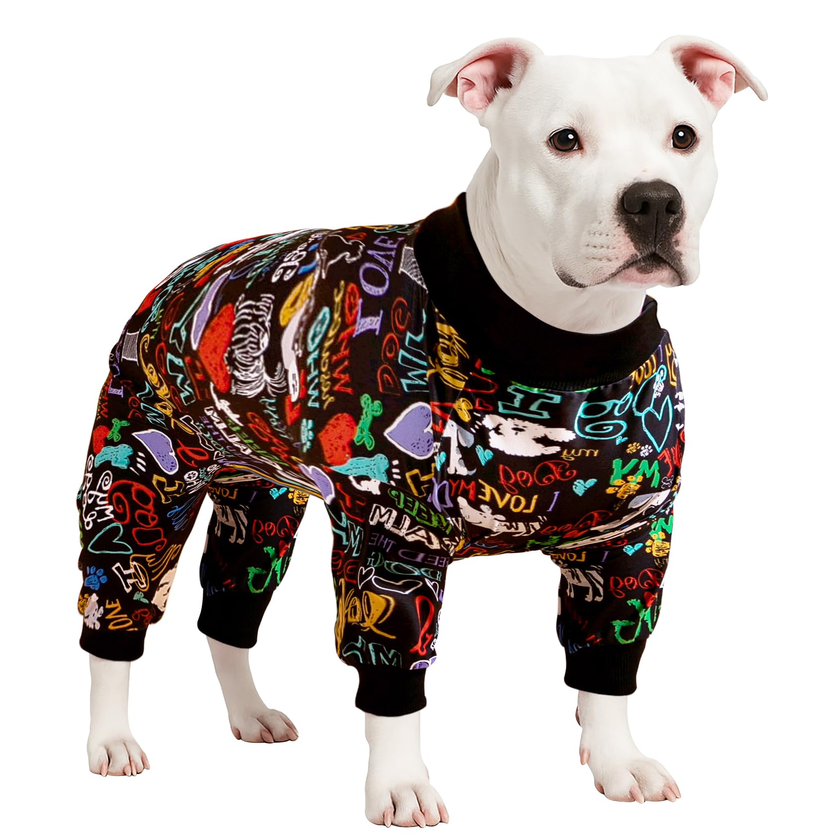 LovinPet pijama para perro postquirúrgico negro, vista frontal, comodidad y cobertura.