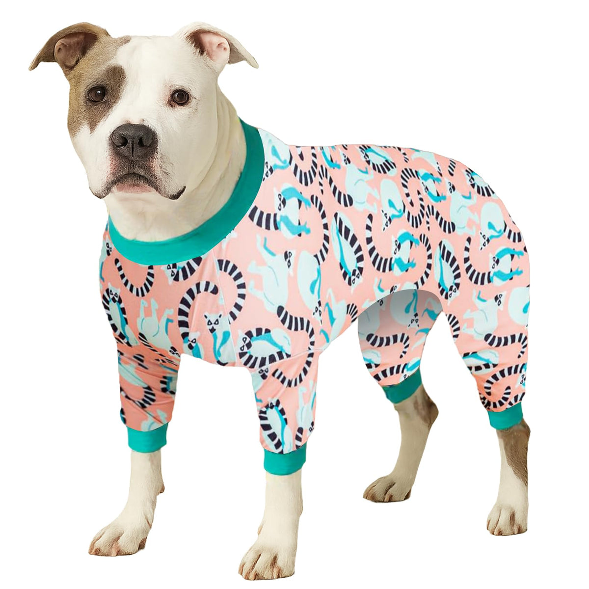 Pijama LovinPet para pitbull con diseño lemur pastel, cómodo para descanso y juego.