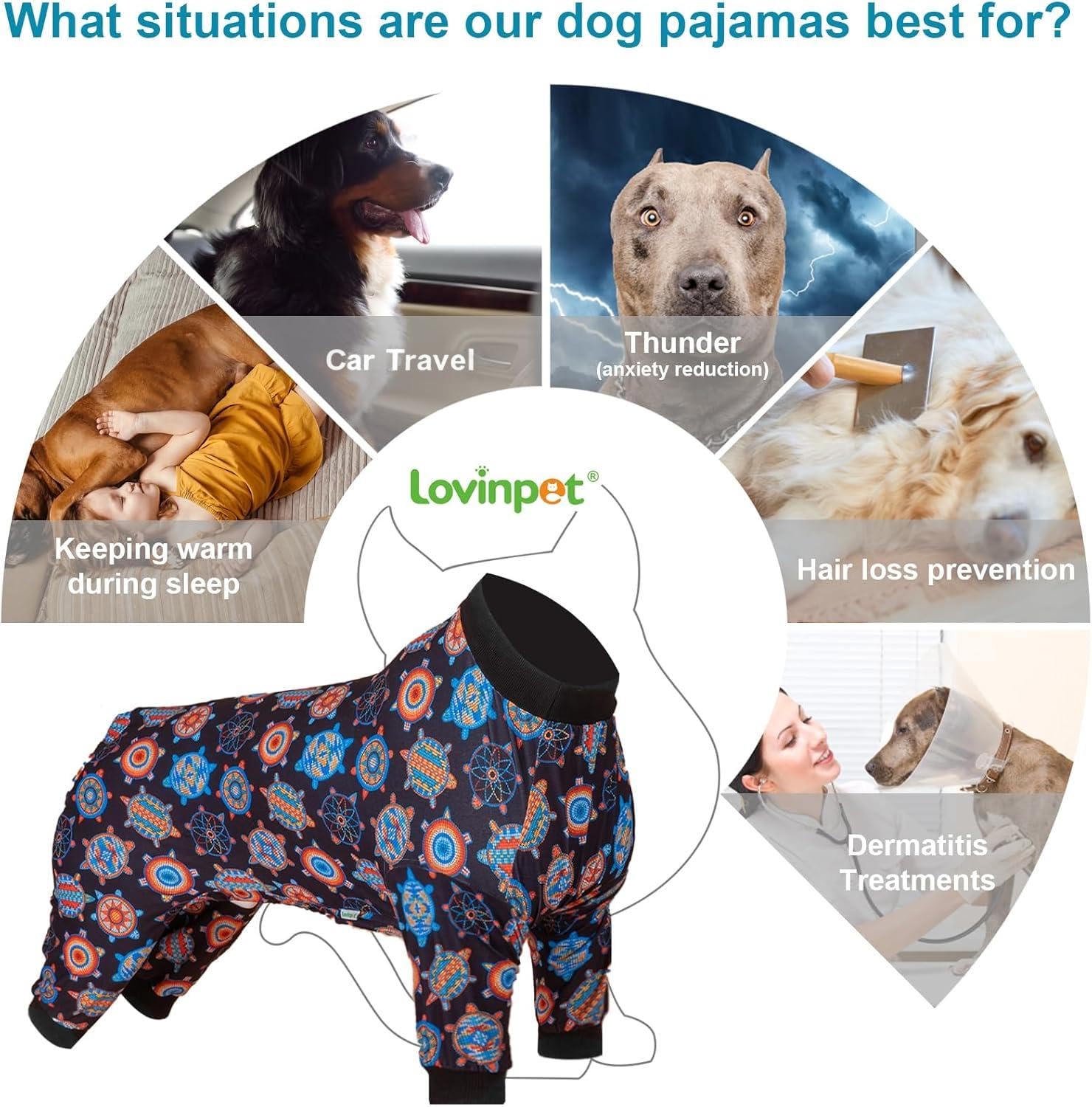 LovinPet PJS Bodysuit para perros medianos, diseño con iconos duraderos.