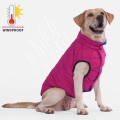 LovinPet chaqueta acolchada reversible para perros, frontal rojo, opción versátil para clima frío.