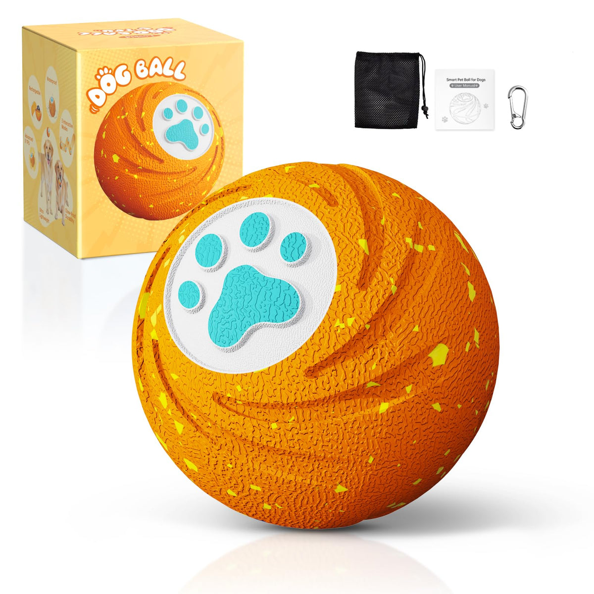 Lovkid bola interactiva naranja mostrando el primer modo de juego para perros activos.