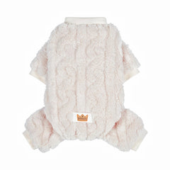 Loyanyy pijama para perro, vista frontal con peluche blanco, cálida para paseos de invierno.