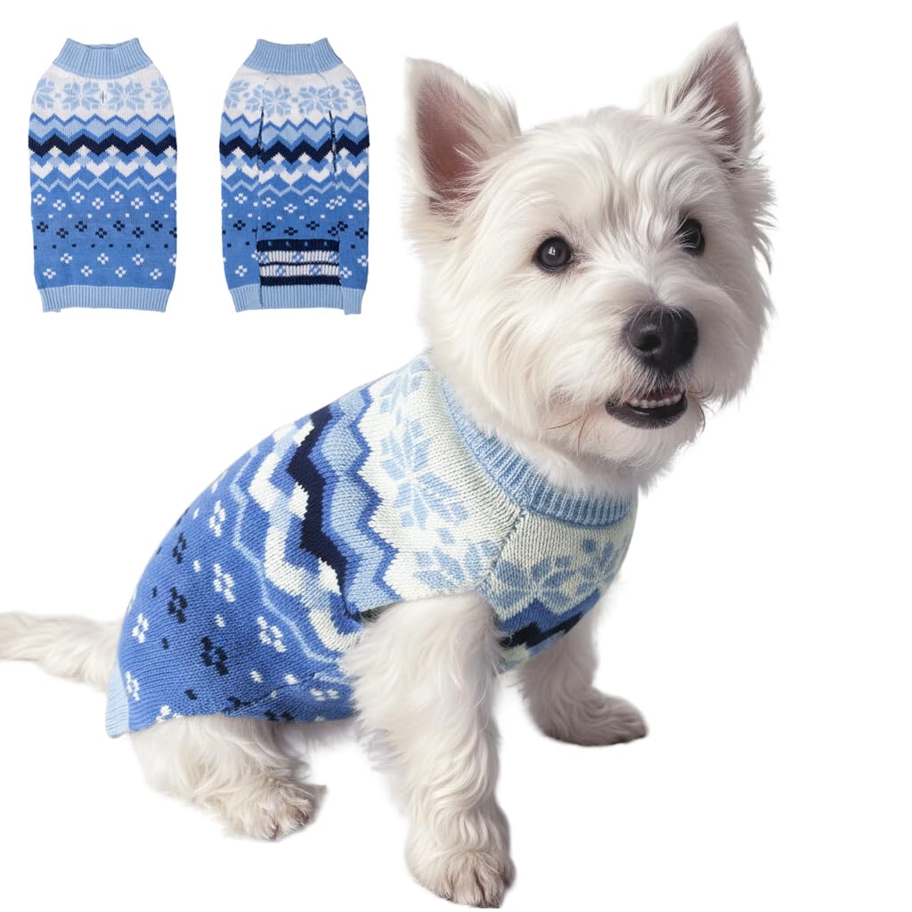 LUBOT sudadera para perro azul con motivos navideños y nieve, ideal para paseos invernales.