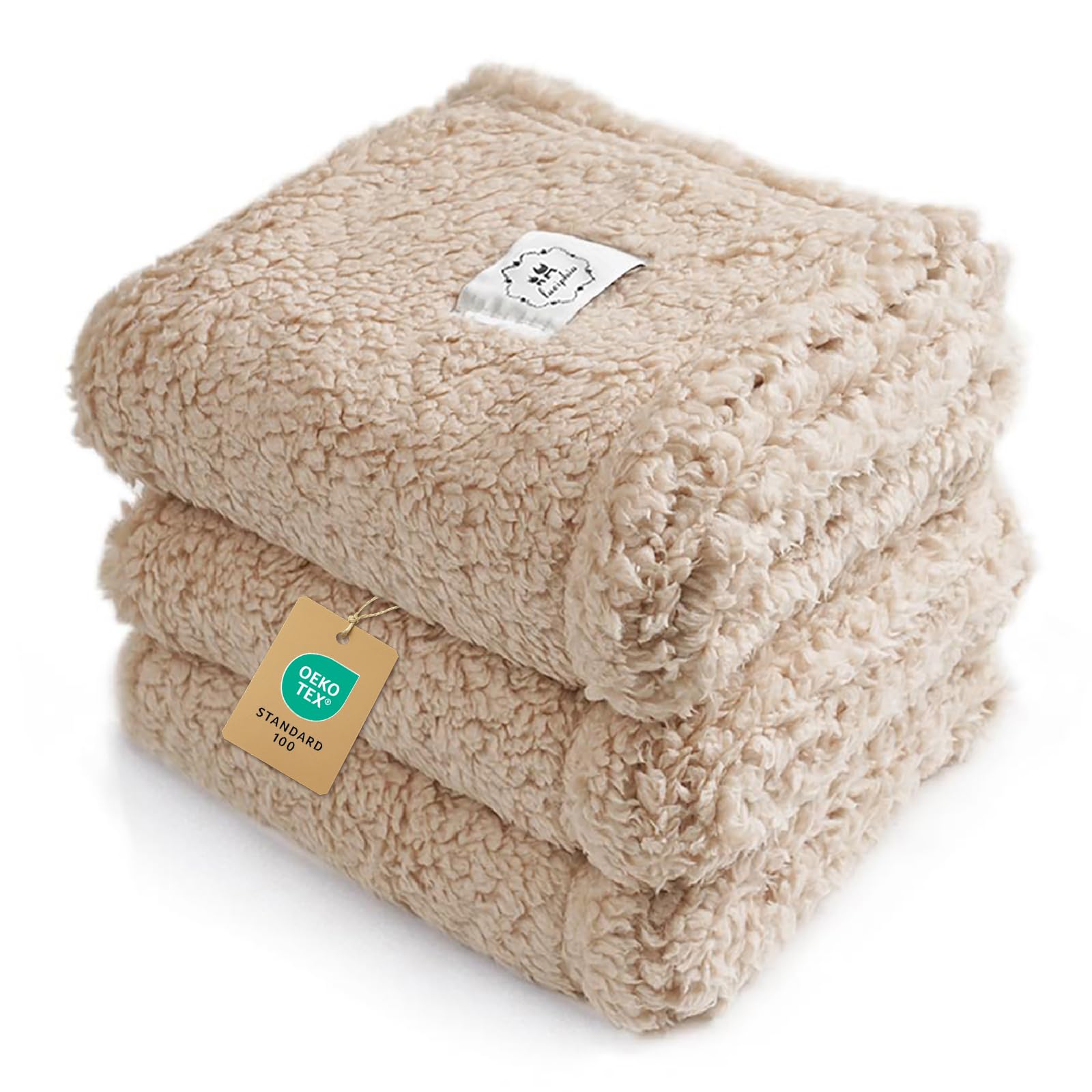 Luciphia manta calma sherpa beige pequeña, suave y acogedora para mascotas en su cama.