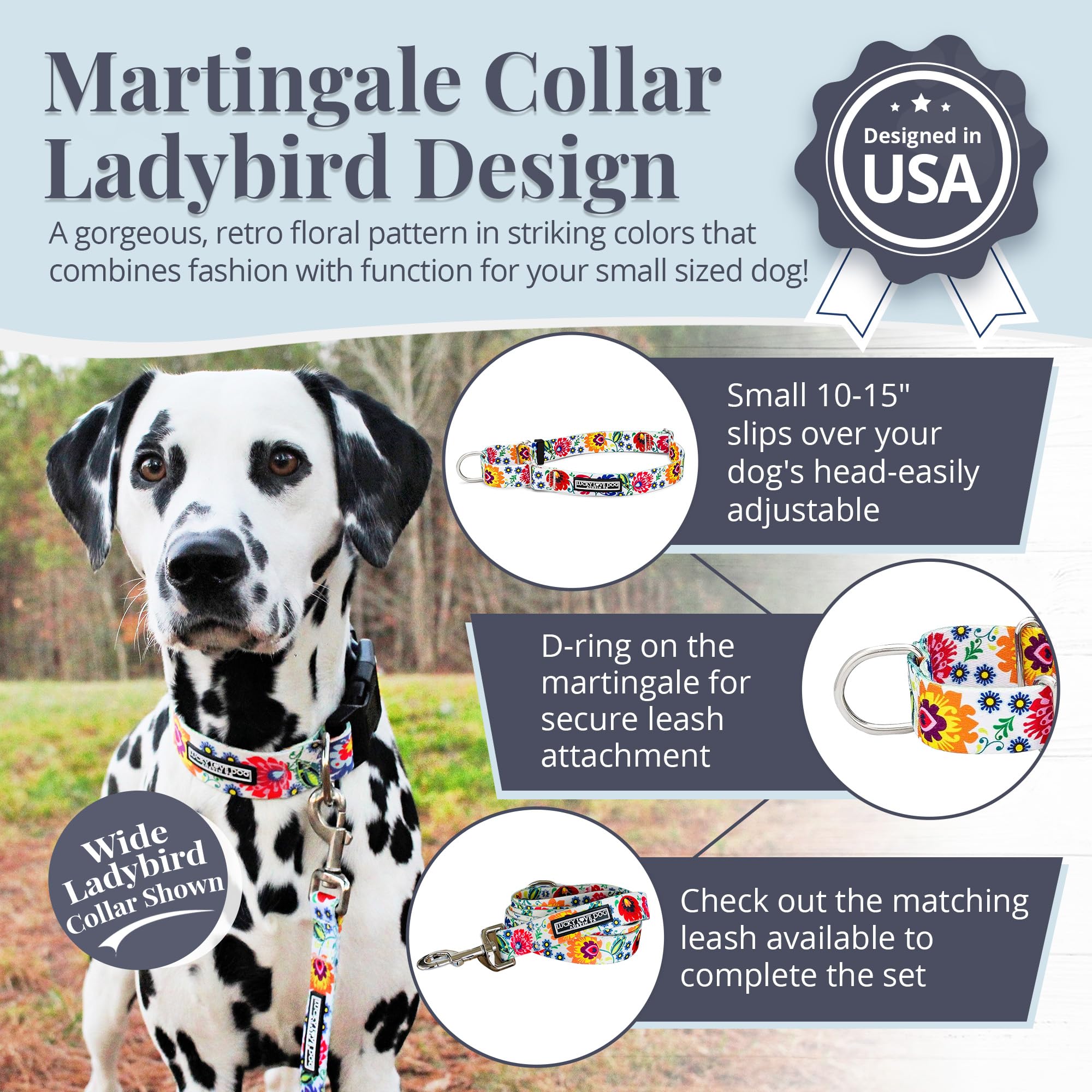 Collar martingale Lucky Love Dog en mariquita pequeño, sin deslizamiento para mayor control durante caminatas.