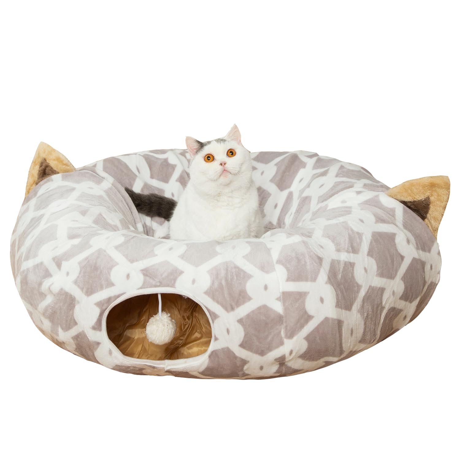LUCKITTY tunel para gatos gris con diseño geometrico, ideal para acurrucarse junto al arbol
