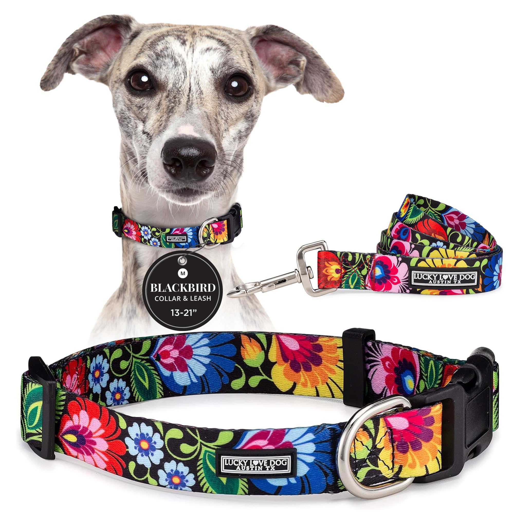 Lucky Love Dog collar con diseño floral vibrante para paseos con estilo.