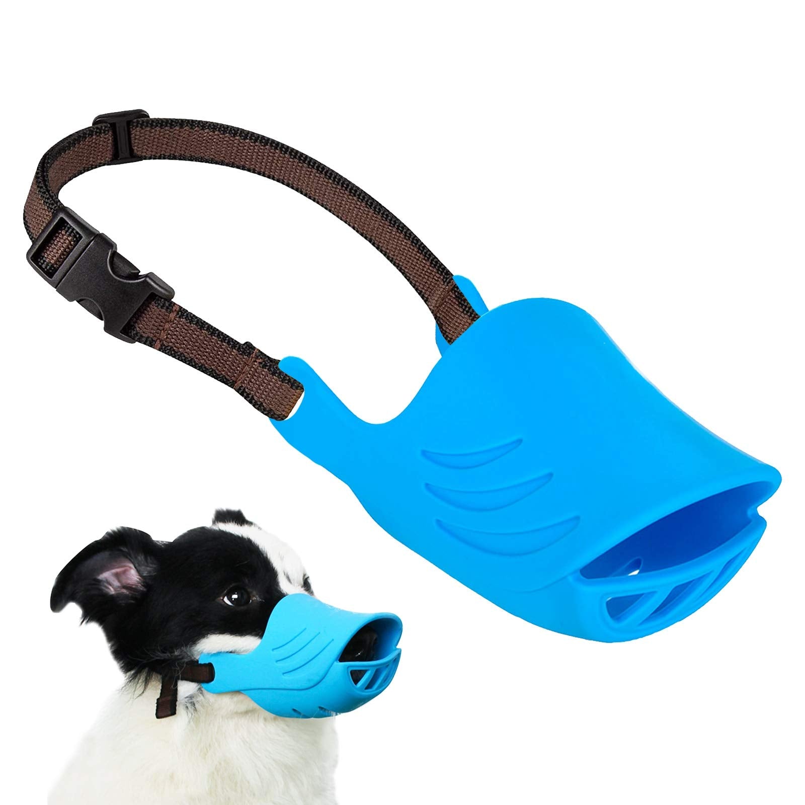 Bozal LUCKYPAW silicona suave azul talla S para perros pequeños y paseos seguros.