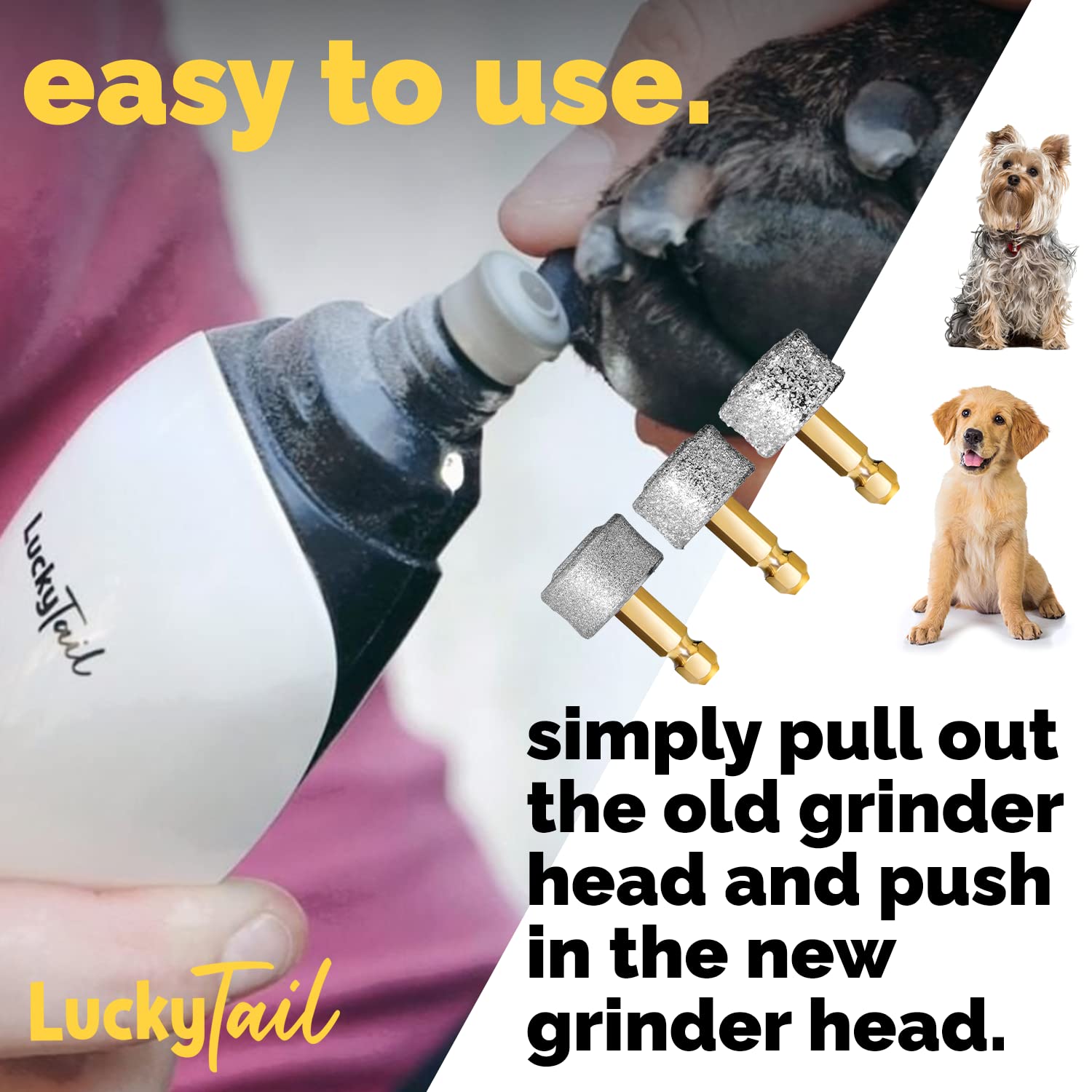LuckyTail demostración en perro grande, uñas claras y pulido.