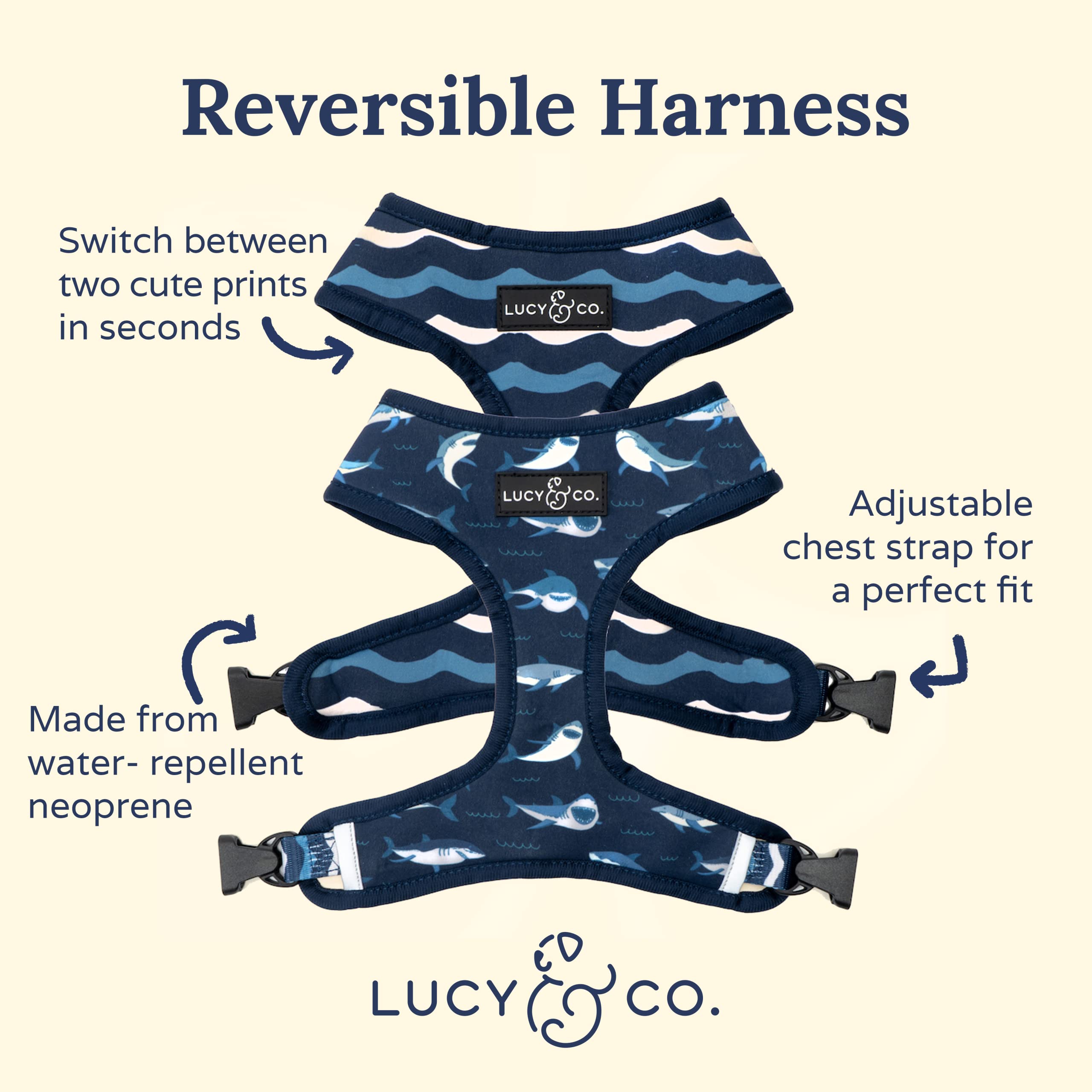 Arnés Lucy & Co. ajustable de pecho, cómodo para paseos largos.