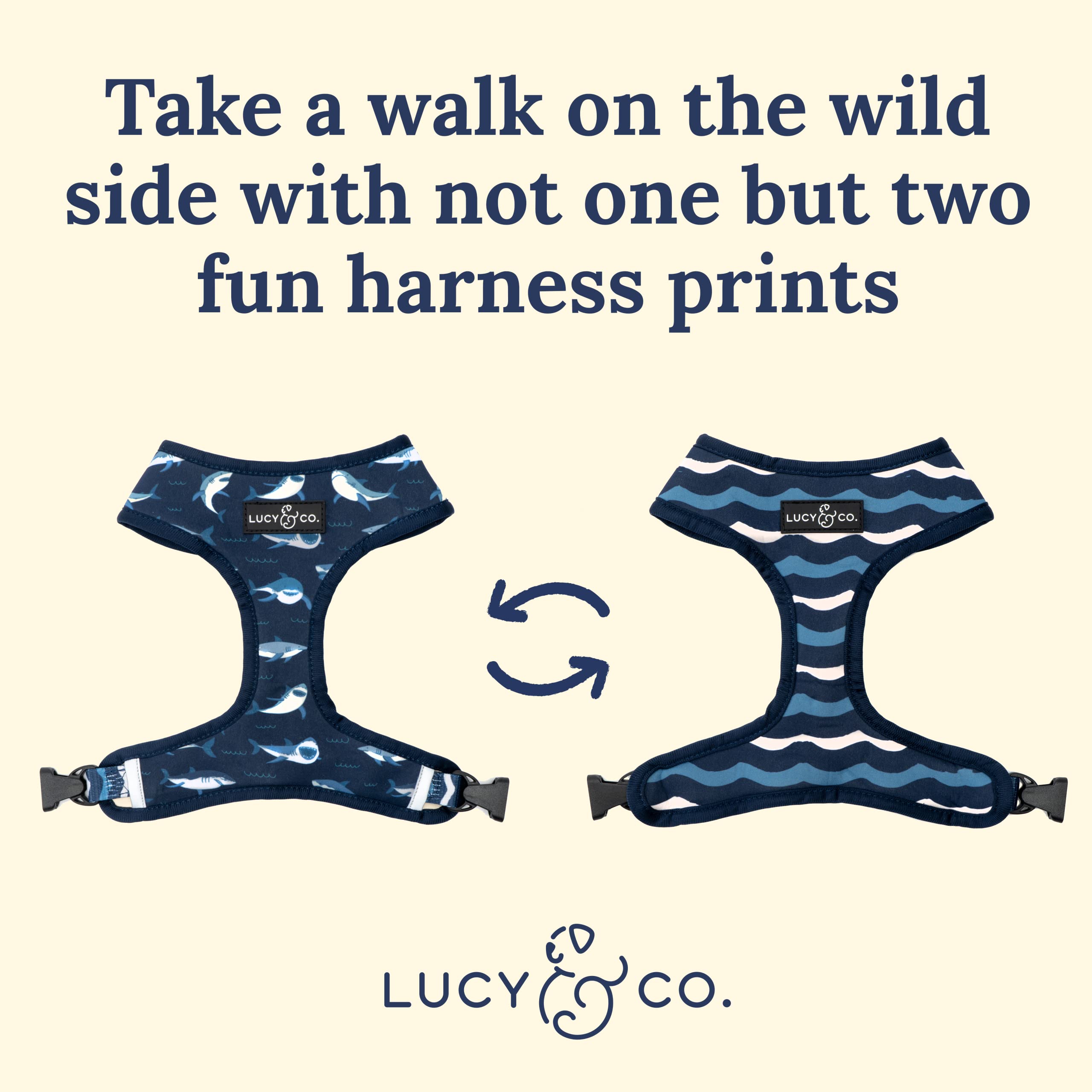 Arnés Lucy & Co. con diseño llamativo, ideal para destacar durante caminatas.