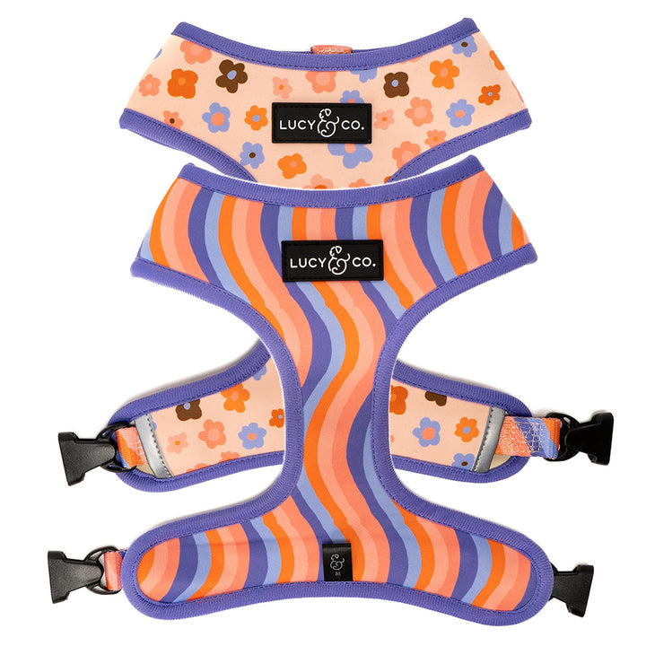 Lucy & Co arnés morado con ola floral coral para paseos cómodos.