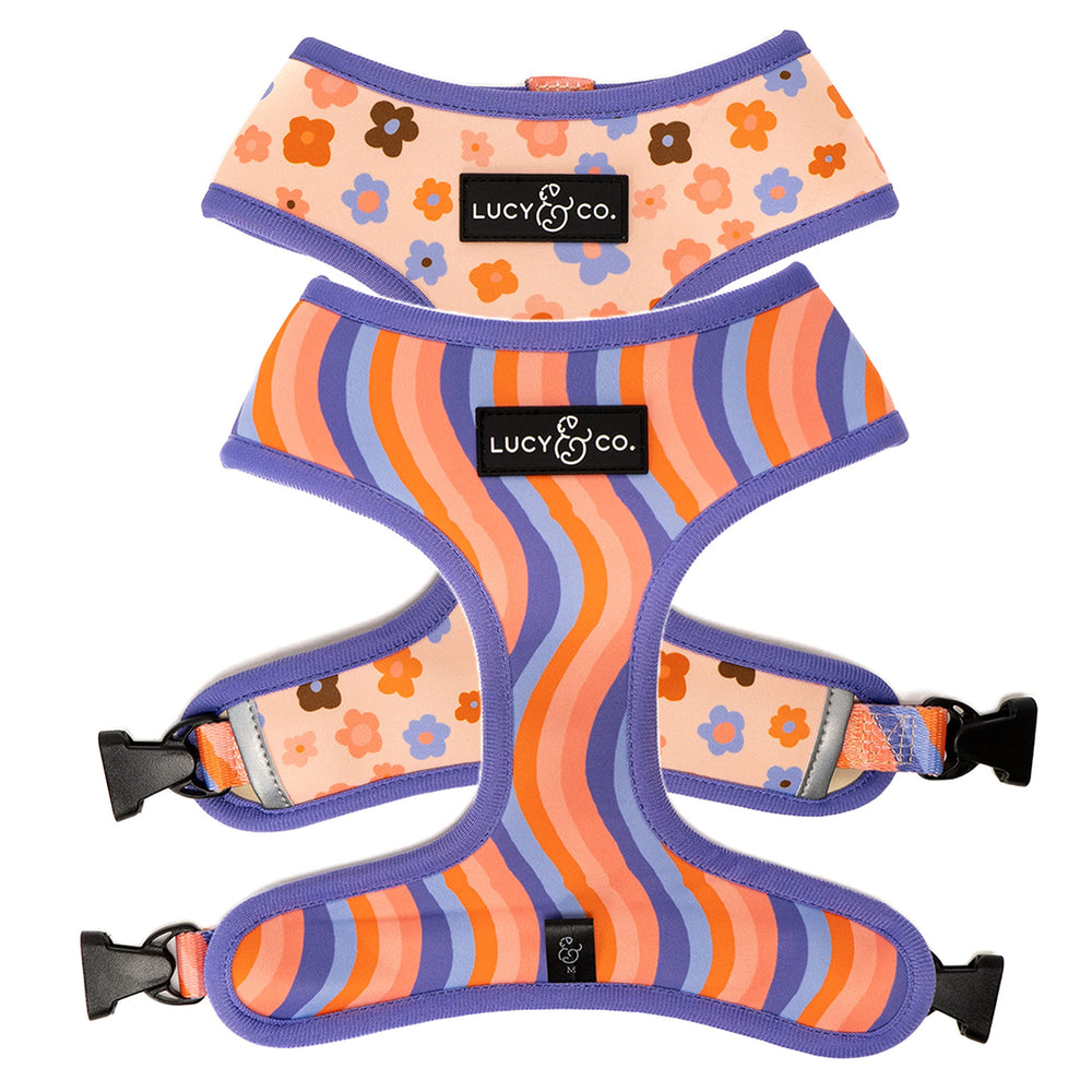 Lucy & Co arnés morado con ola floral coral para paseos cómodos.