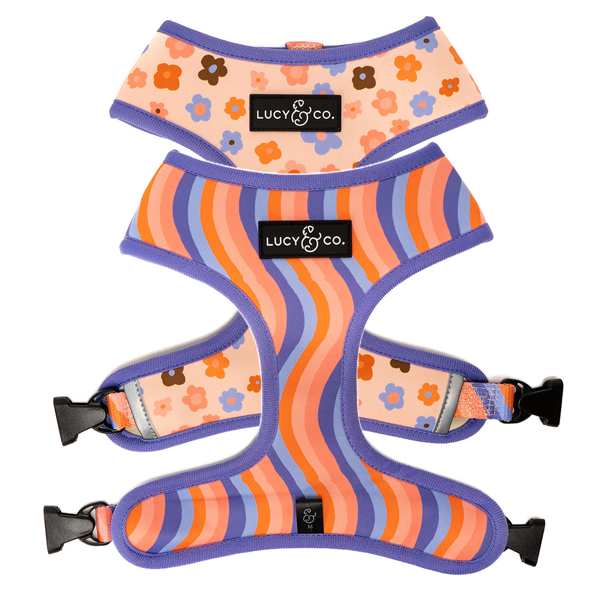 Lucy & Co arnés morado con ola floral coral para paseos cómodos.