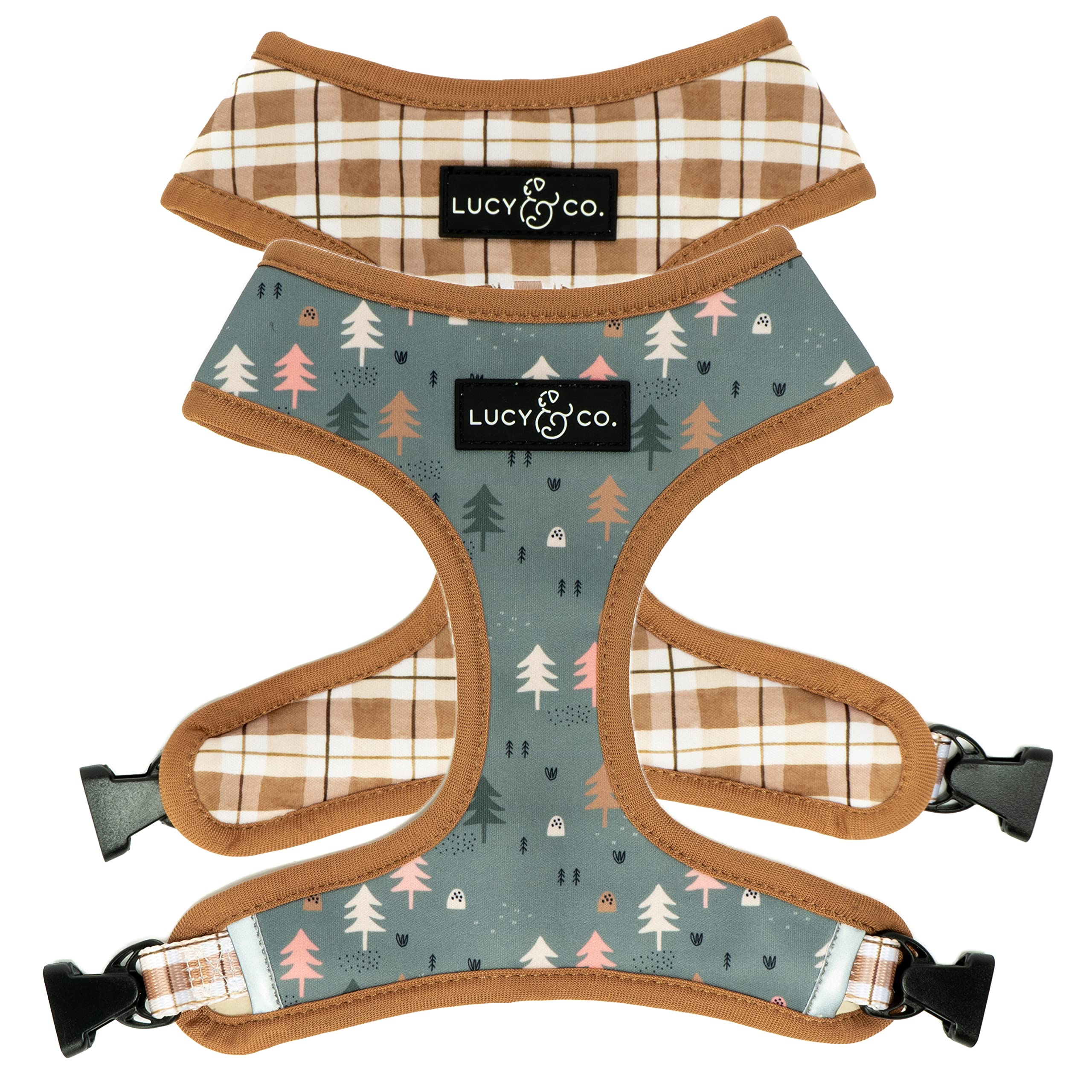 Arnés Lucy & Co. reversible en plaid natural con árboles azules, cómodo para paseos diarios