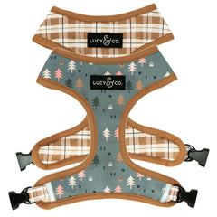 Arnés Lucy & Co. reversible en plaid natural con árboles azules, cómodo para paseos diarios