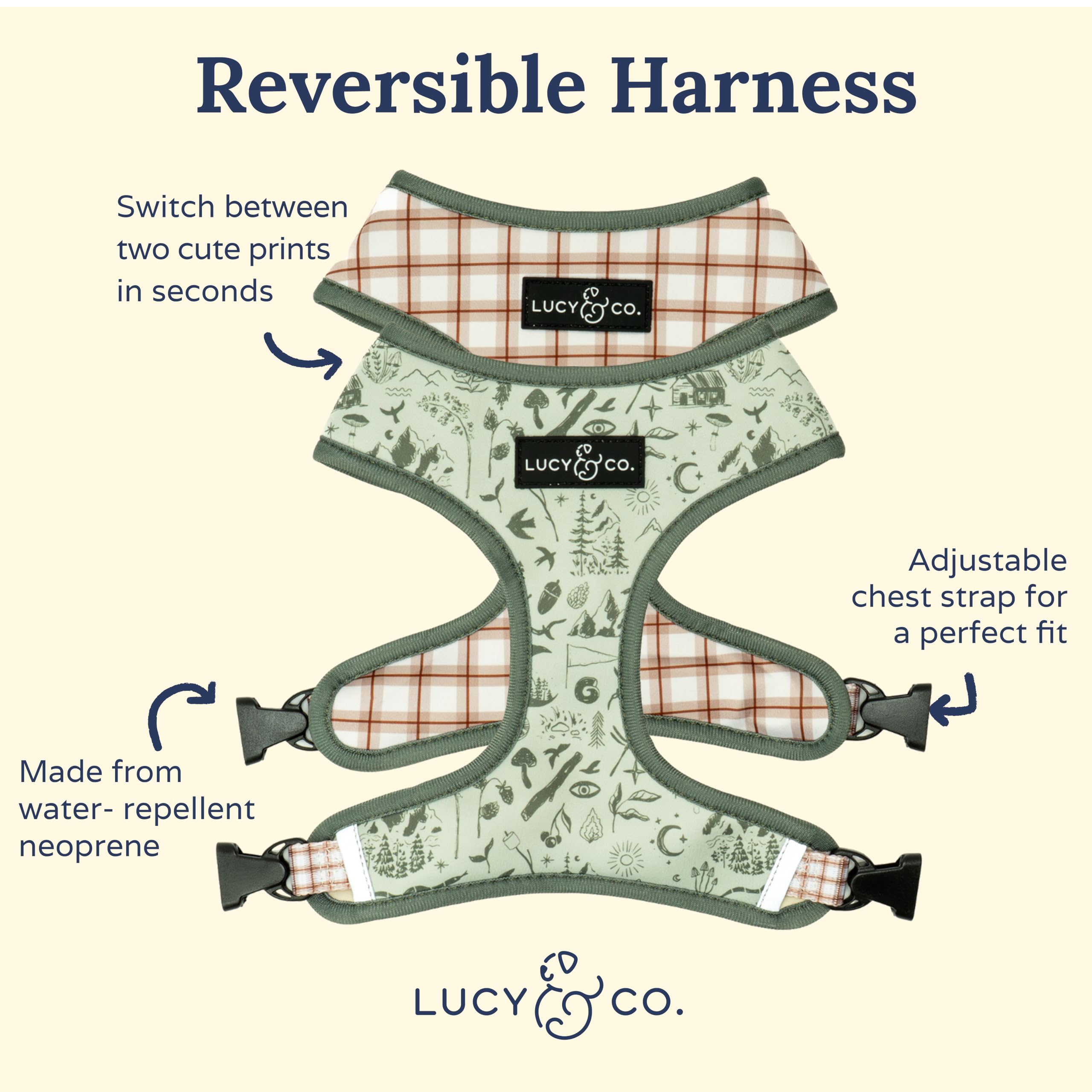 Lucy & Co. arnés verde con cuadros exterior, diseño elegante para paseos.