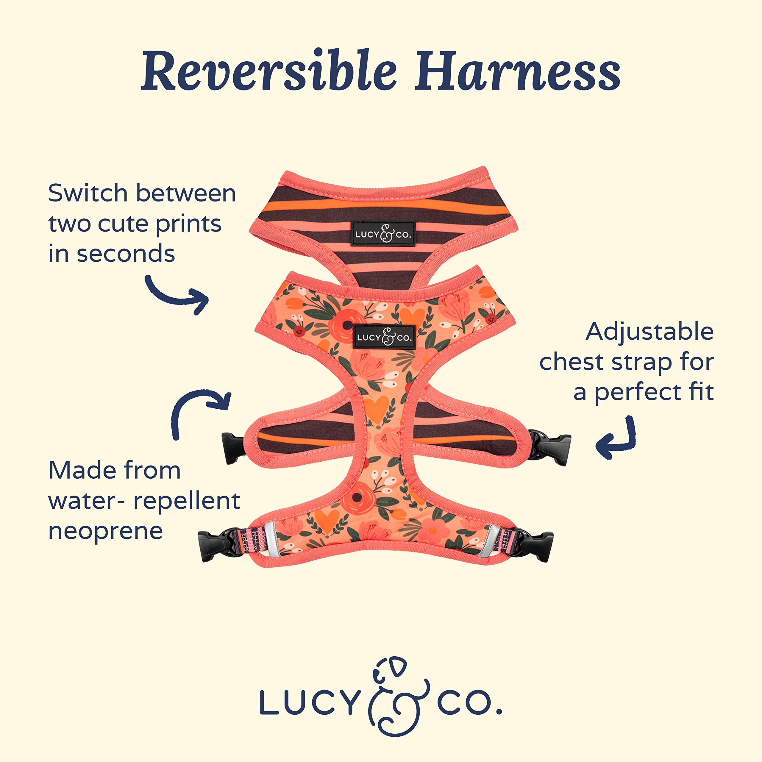 Lucy & Co arnés reversible, correas ajustables para un ajuste personalizado.