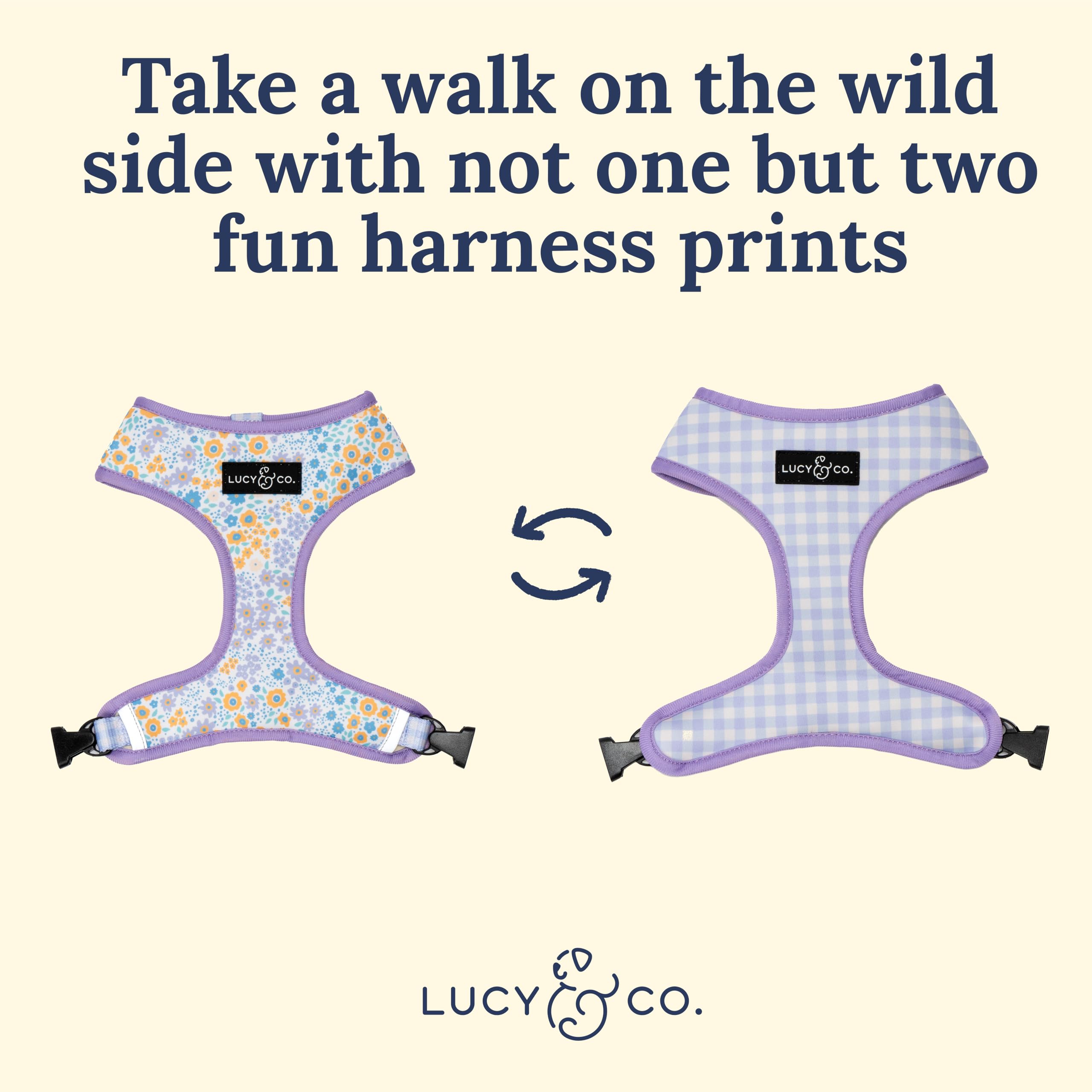 Lucy & Co arnés reversible, patrón floral morado; tela transpirable para días cálidos.