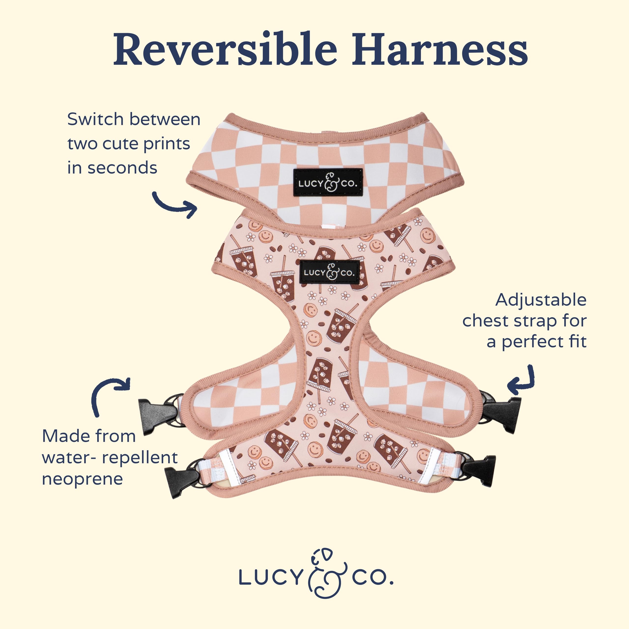 Lucy & Co. arnés reversible para perro, vista trasera, acolchado para mayor comodidad.