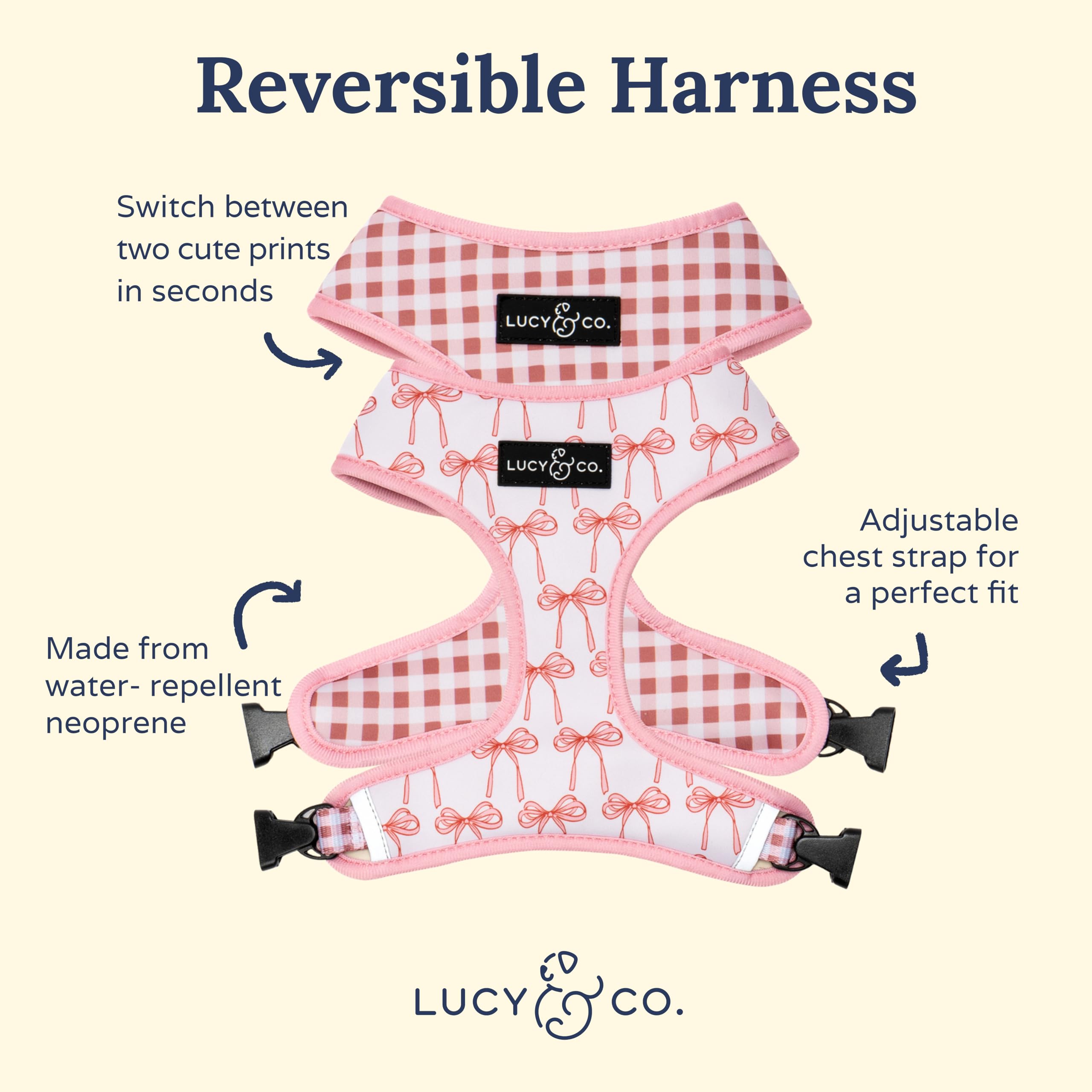 Arnés Lucy & Co para perro, diseño con rosas y reversibilidad.