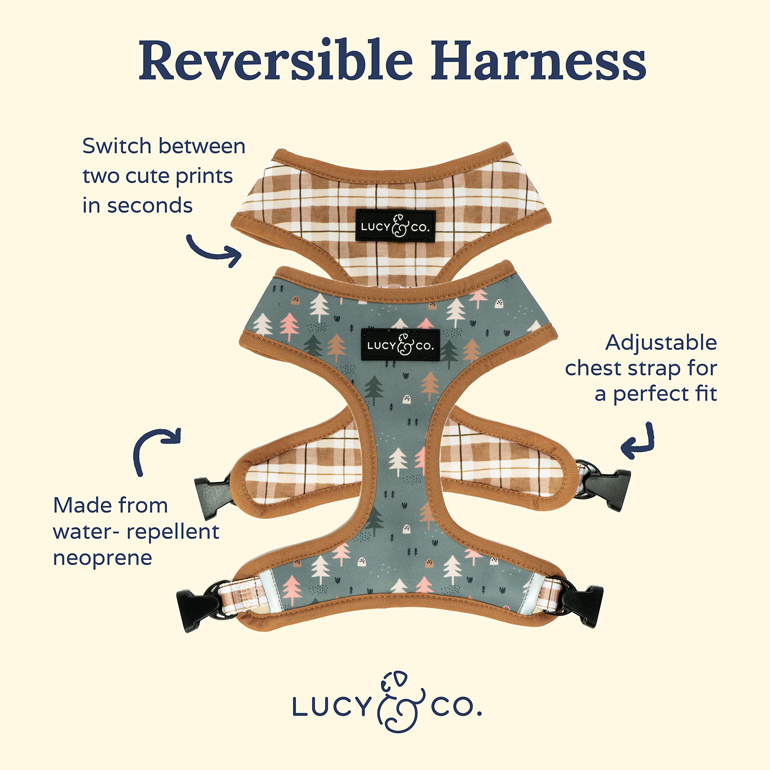 Arnés Lucy & Co para perros, dos caras visibles para cambiar estilo al caminar.