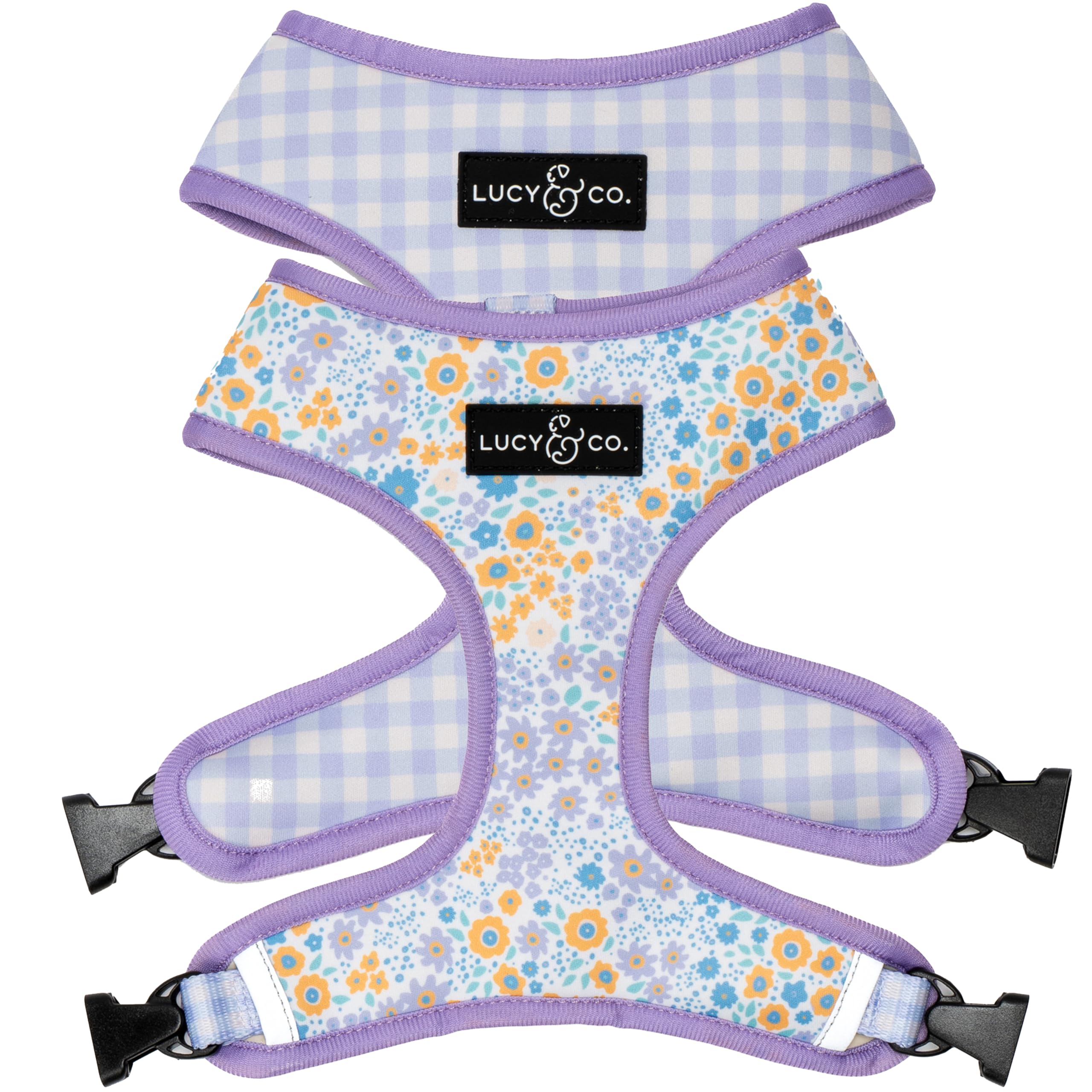 Lucy & Co arnés reversible para perros, vista frontal; cómodo y seguro para paseos diarios.
