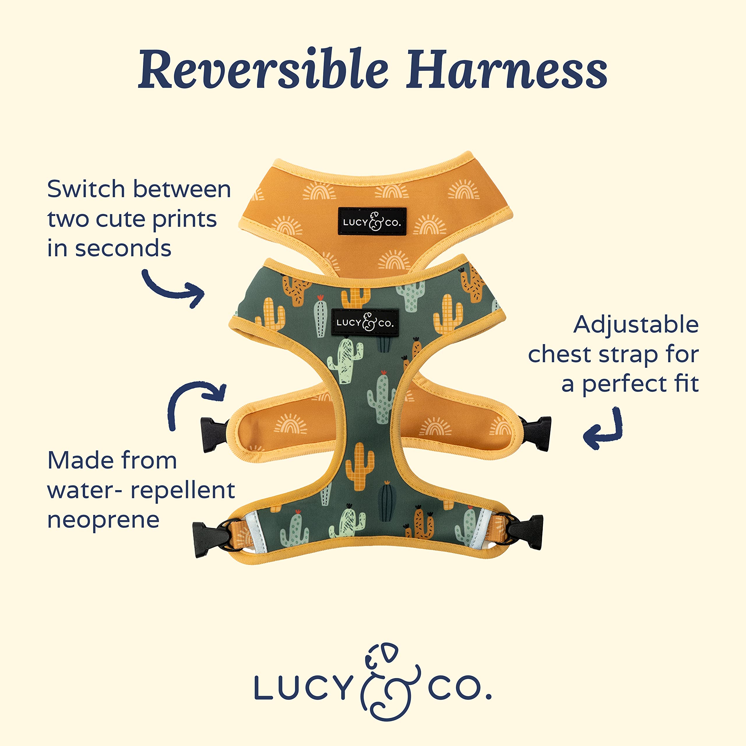 Arnés reversible Lucy & Co para perro mediano, vista trasera, doble estilo