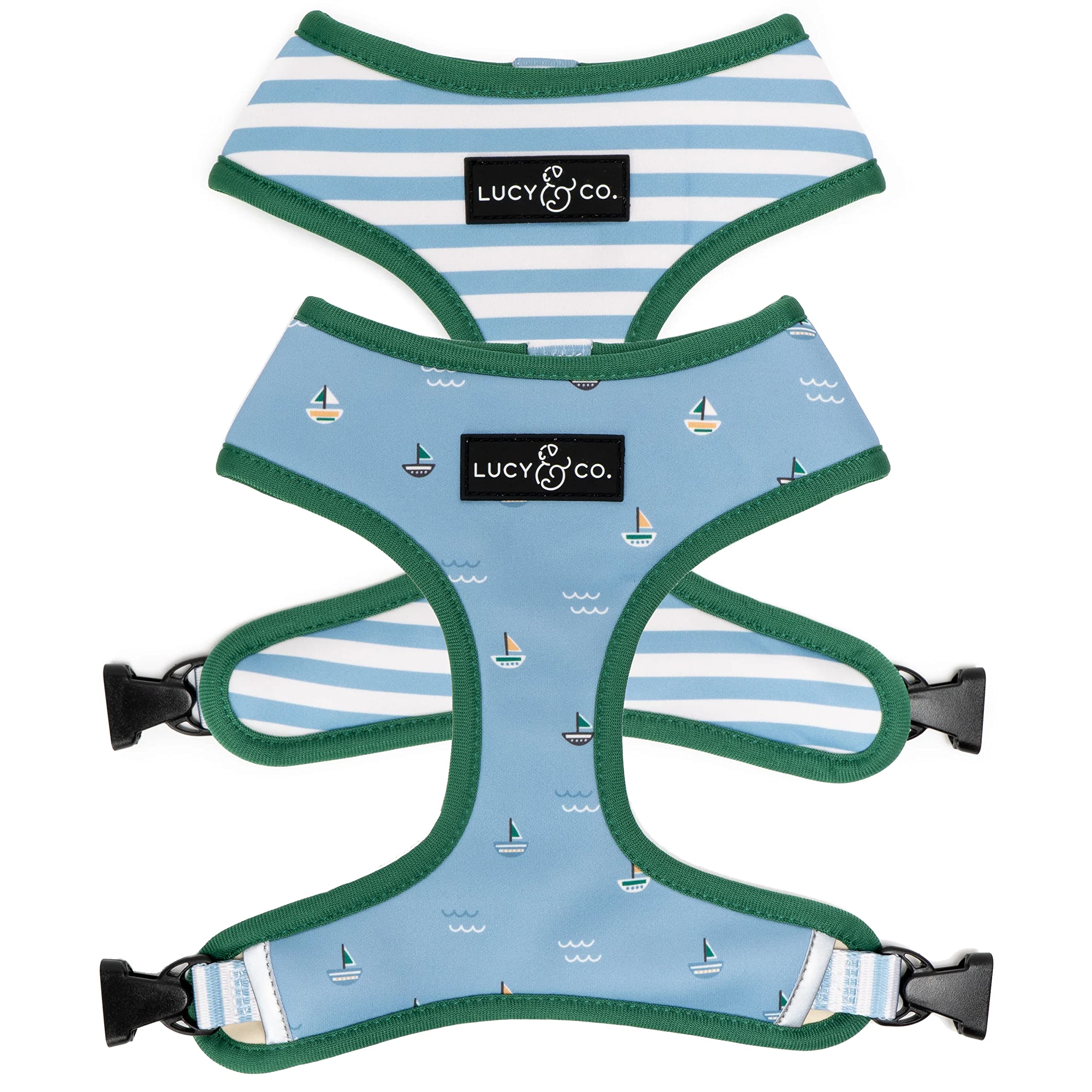 Lucy & Co. Set Sail arnés reversible con rayas azul y blanco para paseos con estilo.