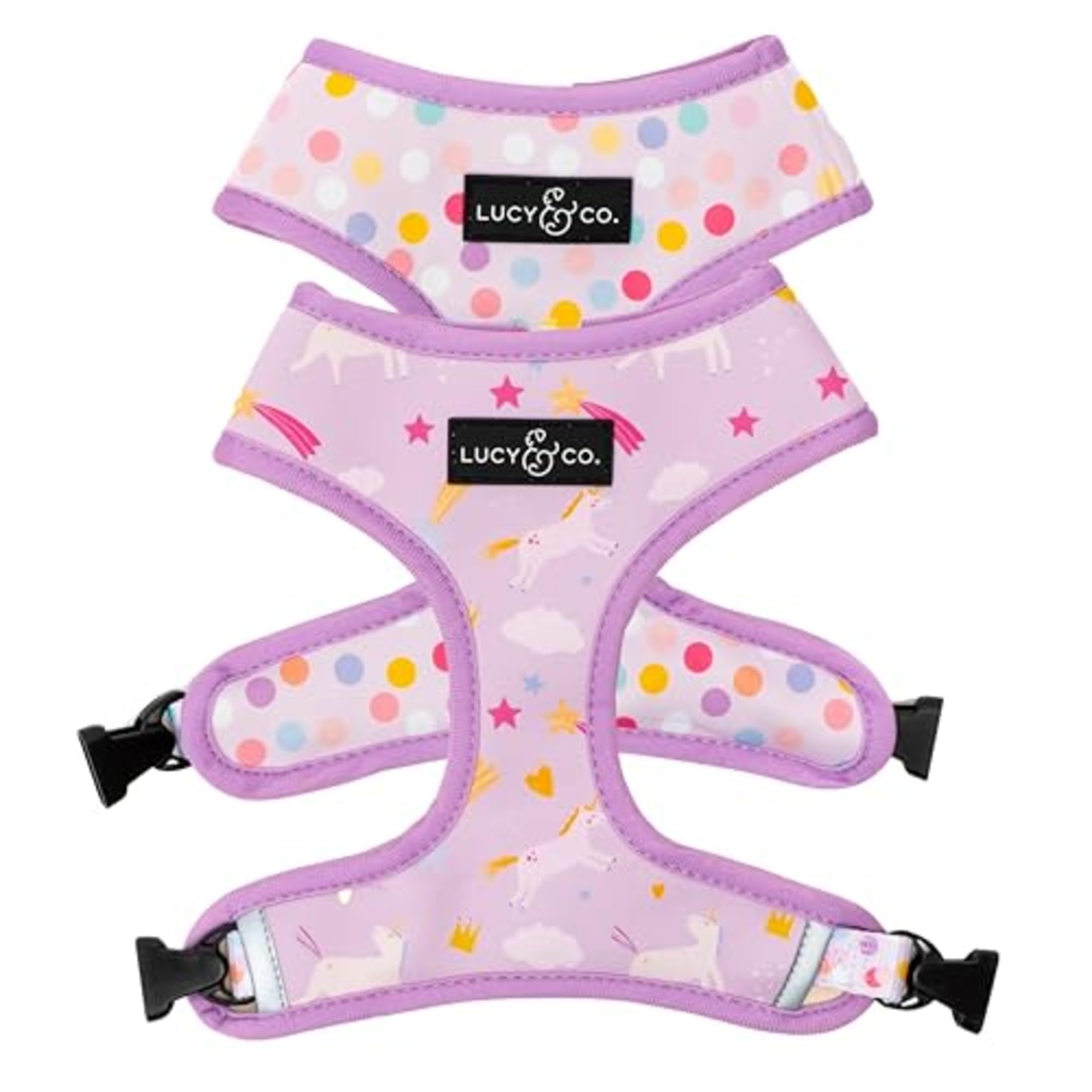 Lucy & Co arnés unicornio mágico, frente y dorso reversibles para estilo.