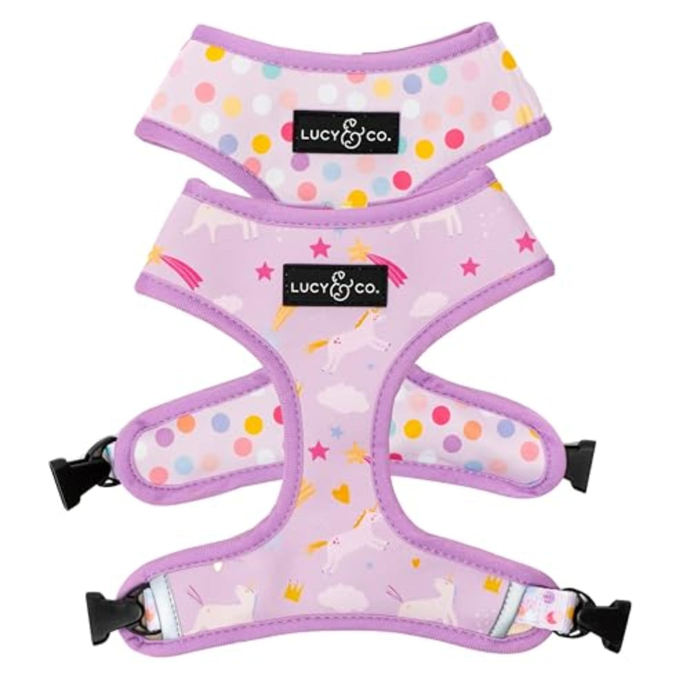 Lucy & Co arnés unicornio mágico, frente y dorso reversibles para estilo.