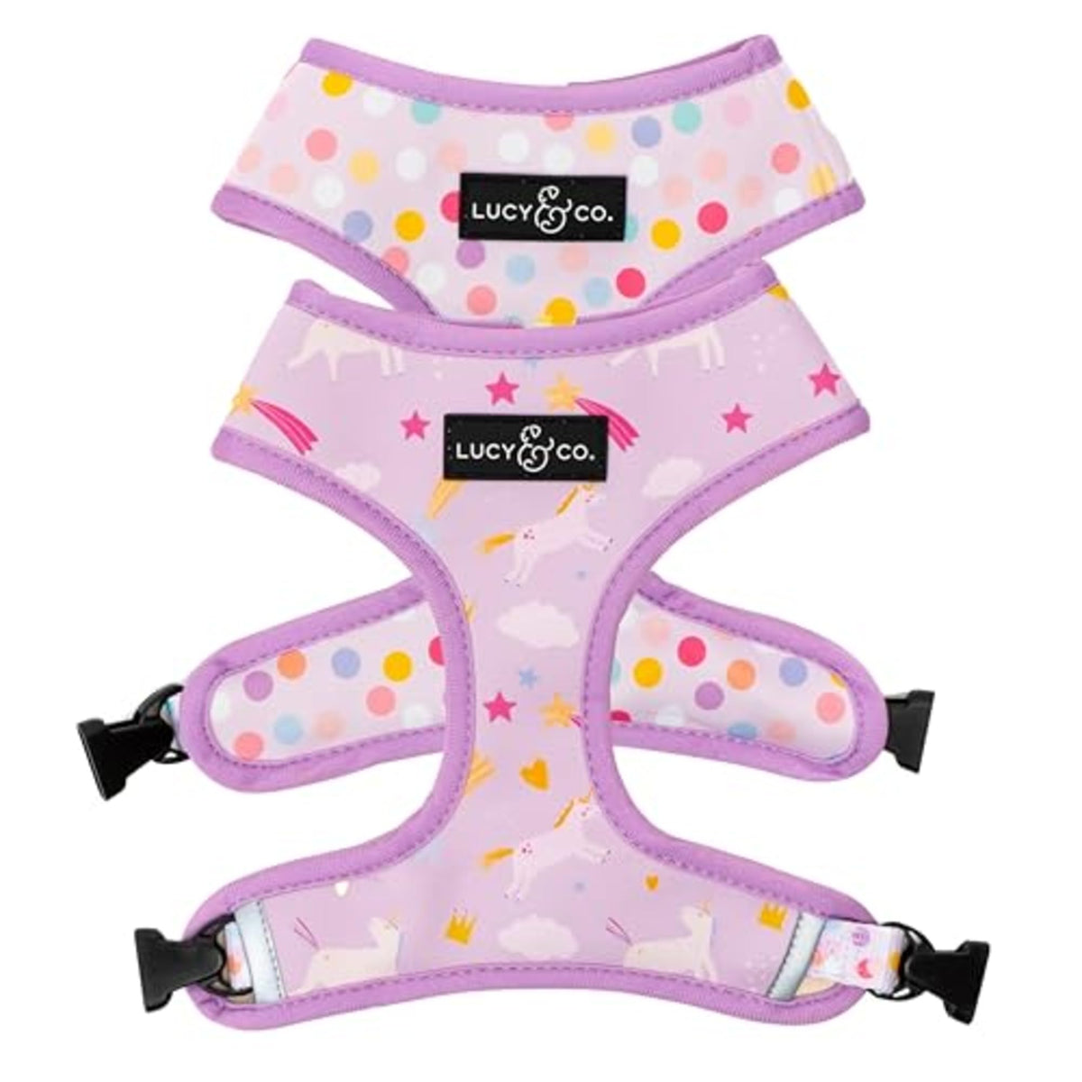 Lucy & Co arnés unicornio mágico, frente y dorso reversibles para estilo.