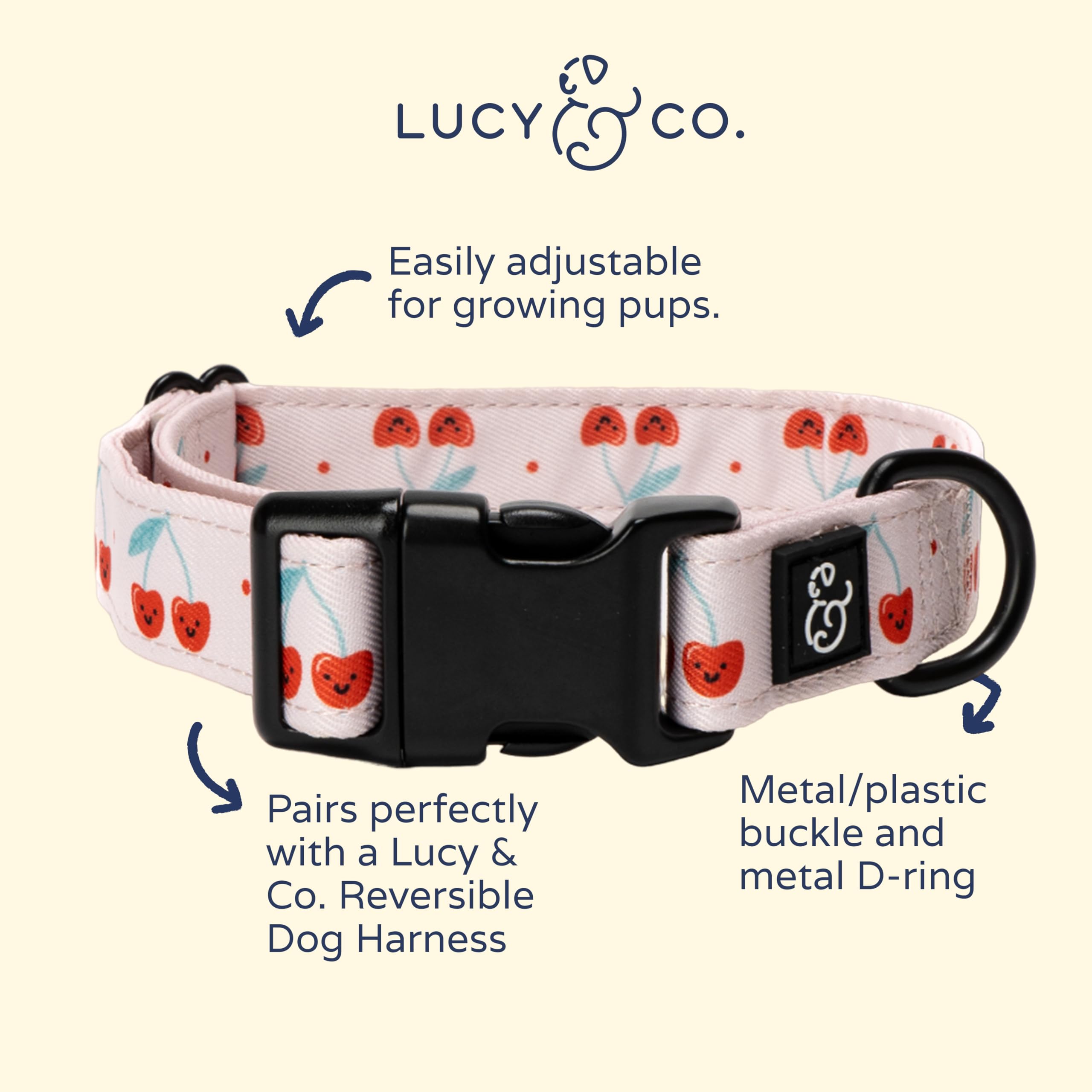 Collar Lucy & Co. Cerezas Alegres, tejido poliéster de alta resistencia, ideal para uso diario.