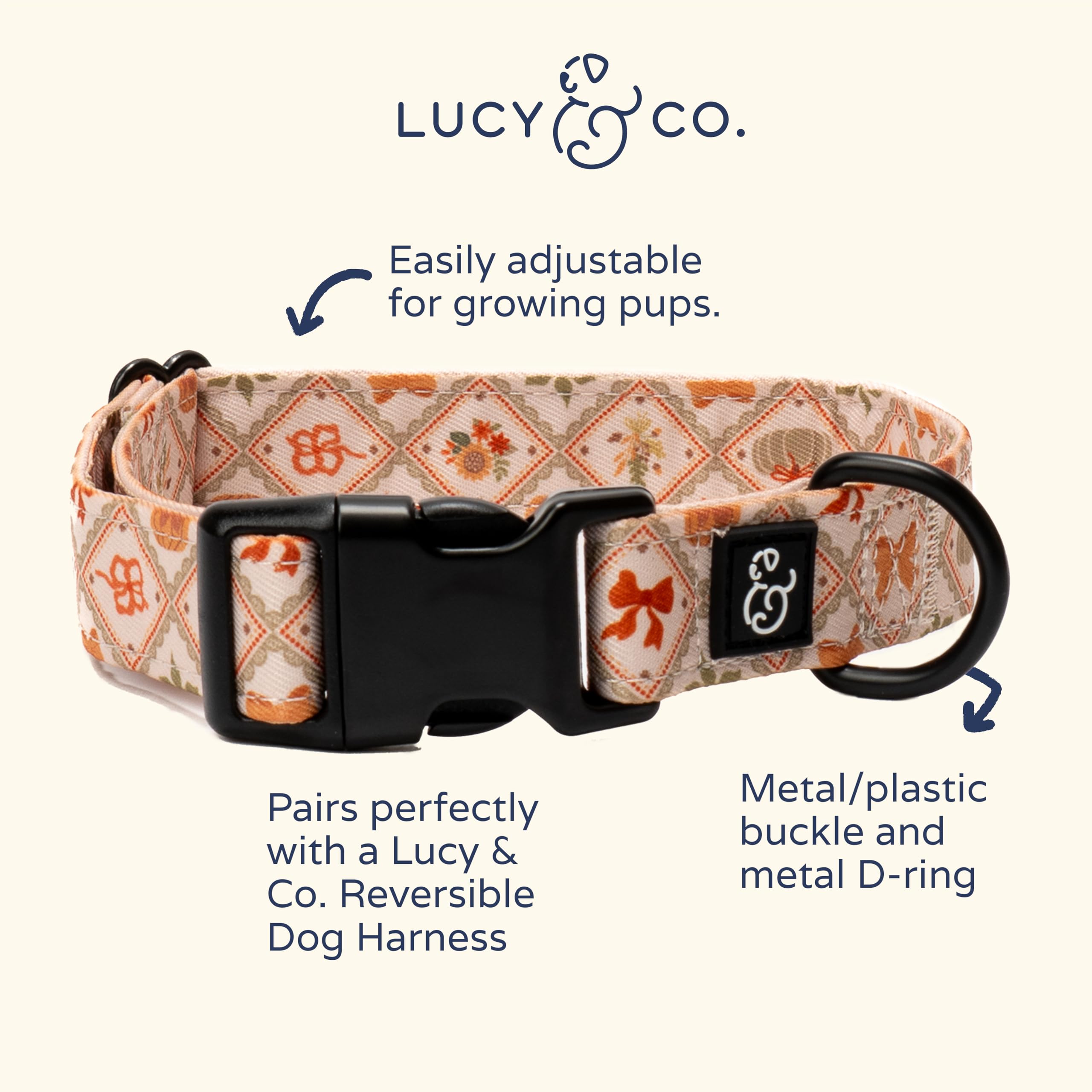 Lucy & Co. collar ajustable con cierre metálico, seguro y cómodo para todos los tamaños.