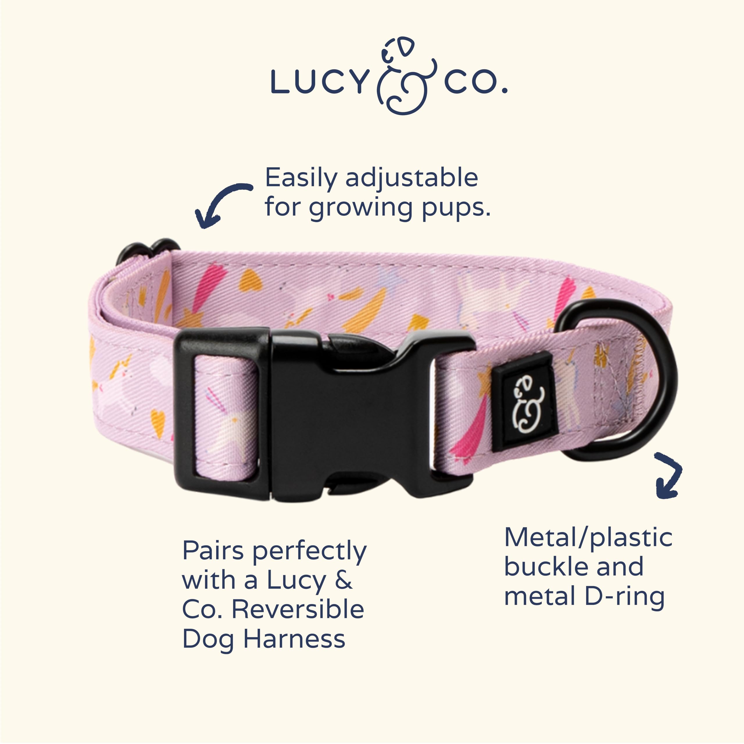 Lucy & Co. collar con diseños divertidos, ligero para paseos y juego.