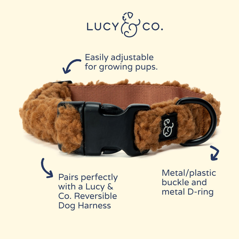 Lucy & Co. Collar Teddy Canela muestra diseño ligero para uso diario al aire libre.
