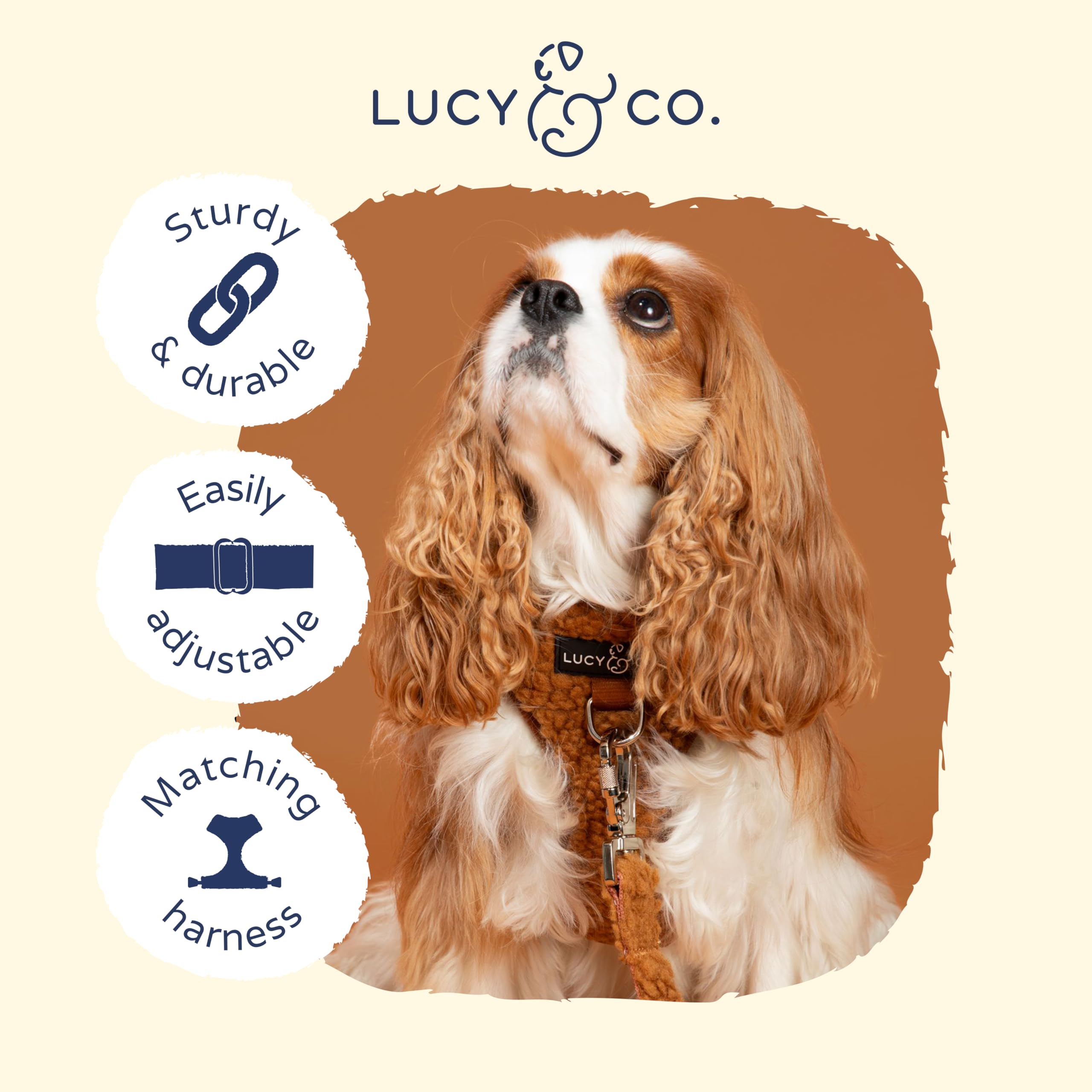 Lucy & Co. Collar Teddy Canela en marrón suave para paseos cómodos.